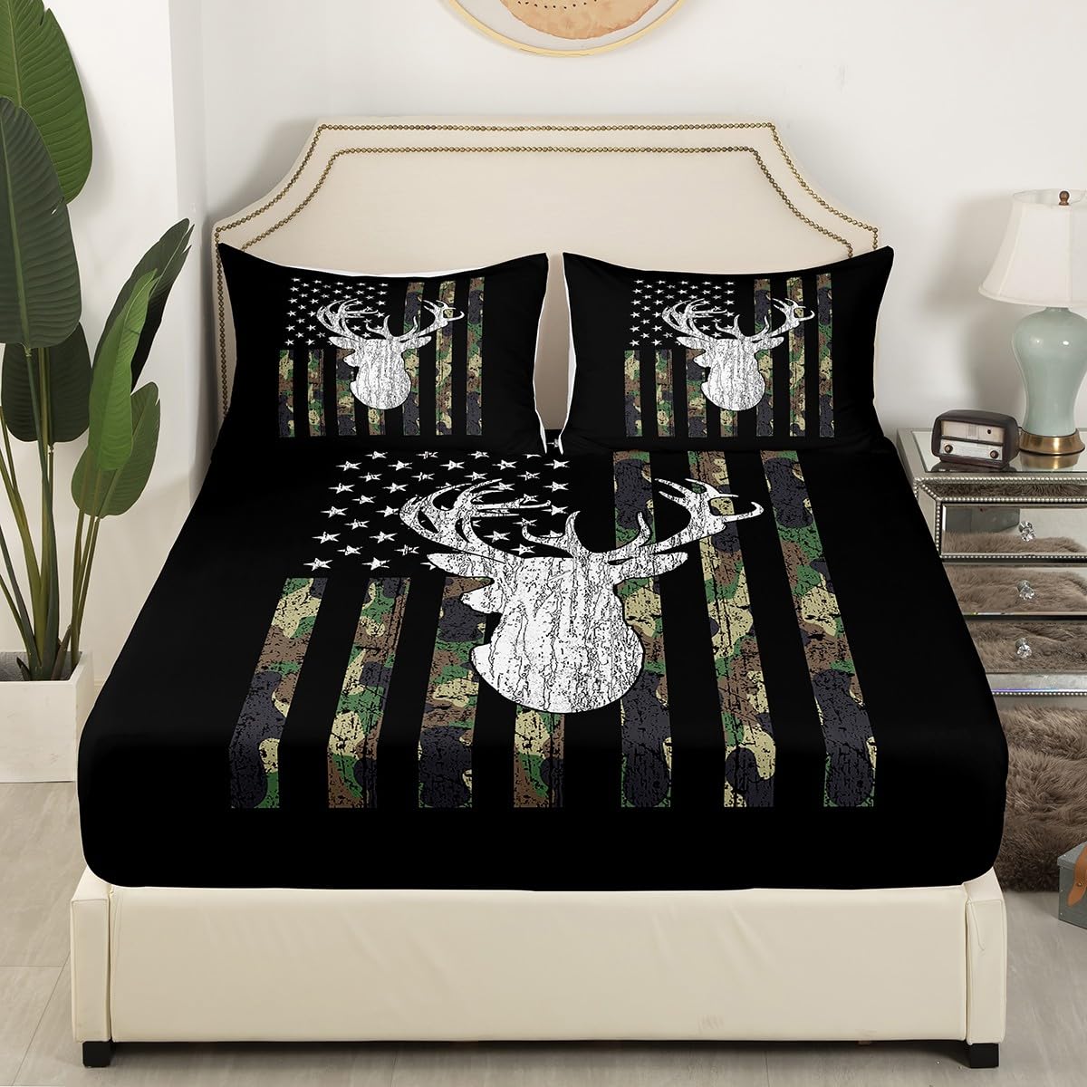 American Flag Sheet Set Deer Hunting Camo Bedding Set Military Camouflage Bed Sheets King for Kids Boys Teens Man,Western Rustic Farmhouse Stars Stripes Fitted Sheet Army Green Flat Sheet 3 Piece