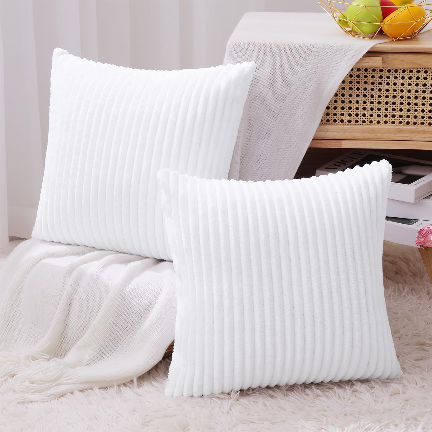 Simmore Decorative Throw Pillow Covers 18x18 Set of 2, Soft Natural Plush Flannel Double-Sided Fluffy Couch Pillow Covers for Sofa Living Room, White