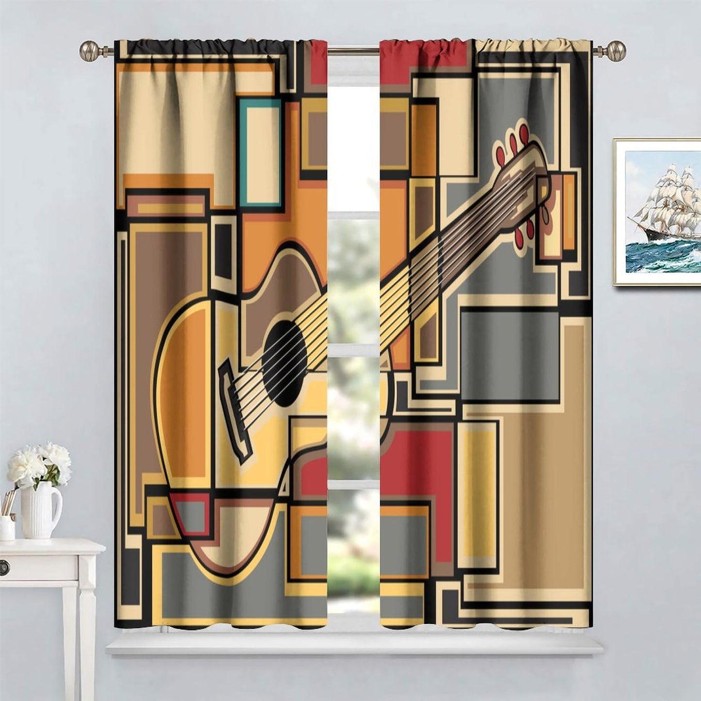 SENQIAN Guitar Music Curtains Abstract Geometric Musical Theme Art Printed Rod Pocket Blackout Window Drapes for Living Room Kitchen Cafe Décor W21xL45in 2 Panels