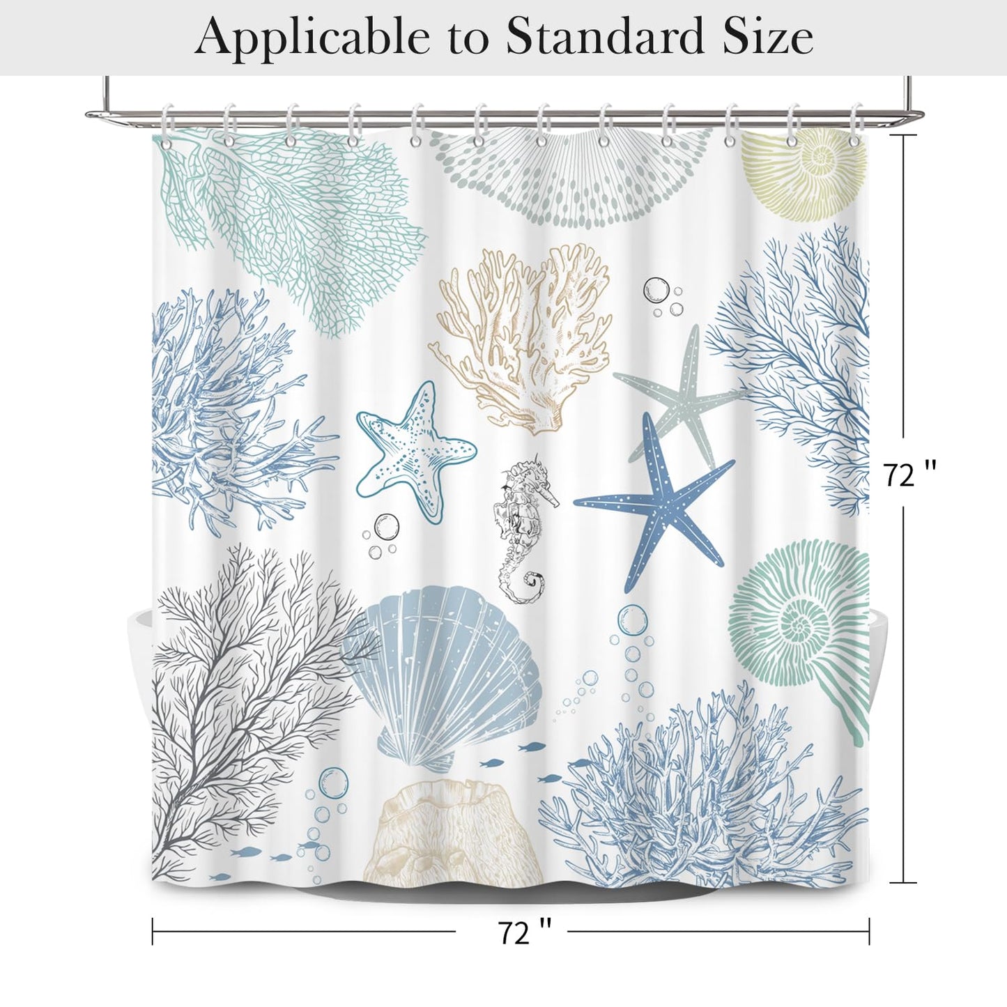 NAEMBCU Coastal Sea Life Shower Curtain with Hooks - 72x72 Inch Waterproof Fabric Ocean Bathroom Curtain with Starfish, Coral & Seashell Print, Bath Curtain for Beach Hotel House Decor