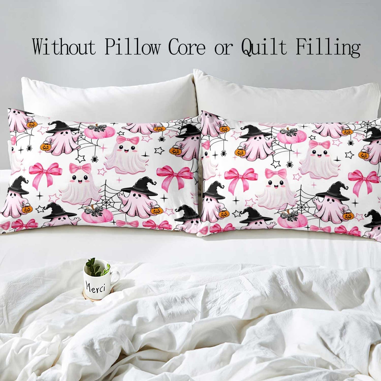 LUVIVIHOME 3PCS Kawaii Ghost Duvet Cover Queen Bedding Set, White Duvet Cover, Kids Teen Girl Bedding, Spooky Witchy Coquette Cute Pink Bow Pumpkin Spider Web Halloween Comforter Cover, 2 Pillow Cases