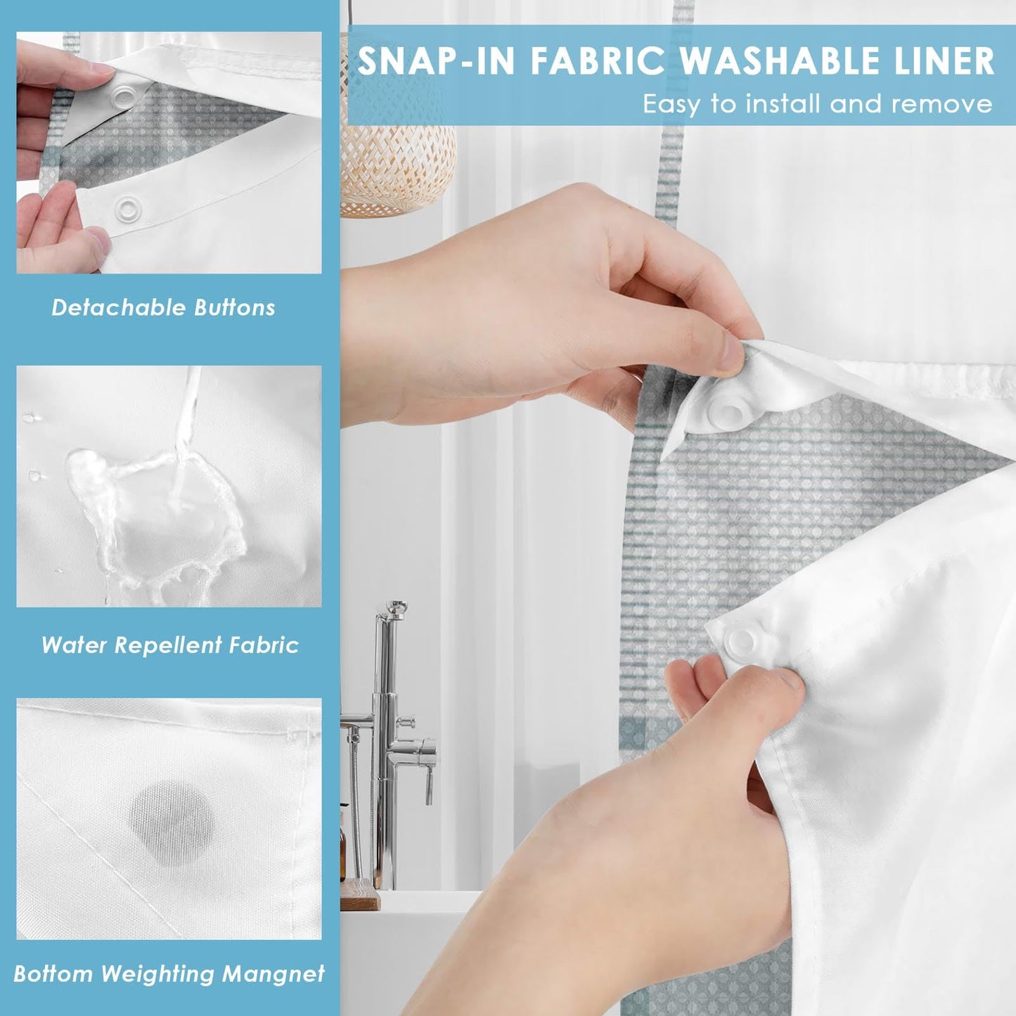 Nesphy No Hook Shower Curtain with Snap in Fabric Liner Set, Teal Striped Waffle Weave Ombre Heavy Duty Bathroom Curtain Set Sheer Mesh Top Waterproof Double Layers Hotel Style, 71x74 Inch