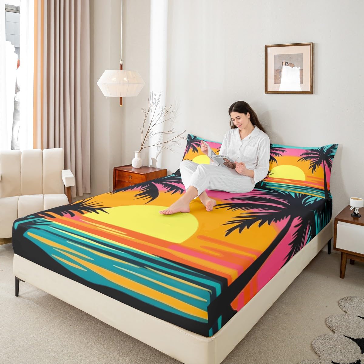 jejeloiu Beach Sunset Bedding Sheets Queen Size Palm Tree Bed Sheet Set for Kids Boys Girls Ocean Beach Fitted Sheet Blue Pink Yellow Bed Cover 3Pcs,1 Fitted Sheet+2 Pillow Sham（No Flat Sheet）