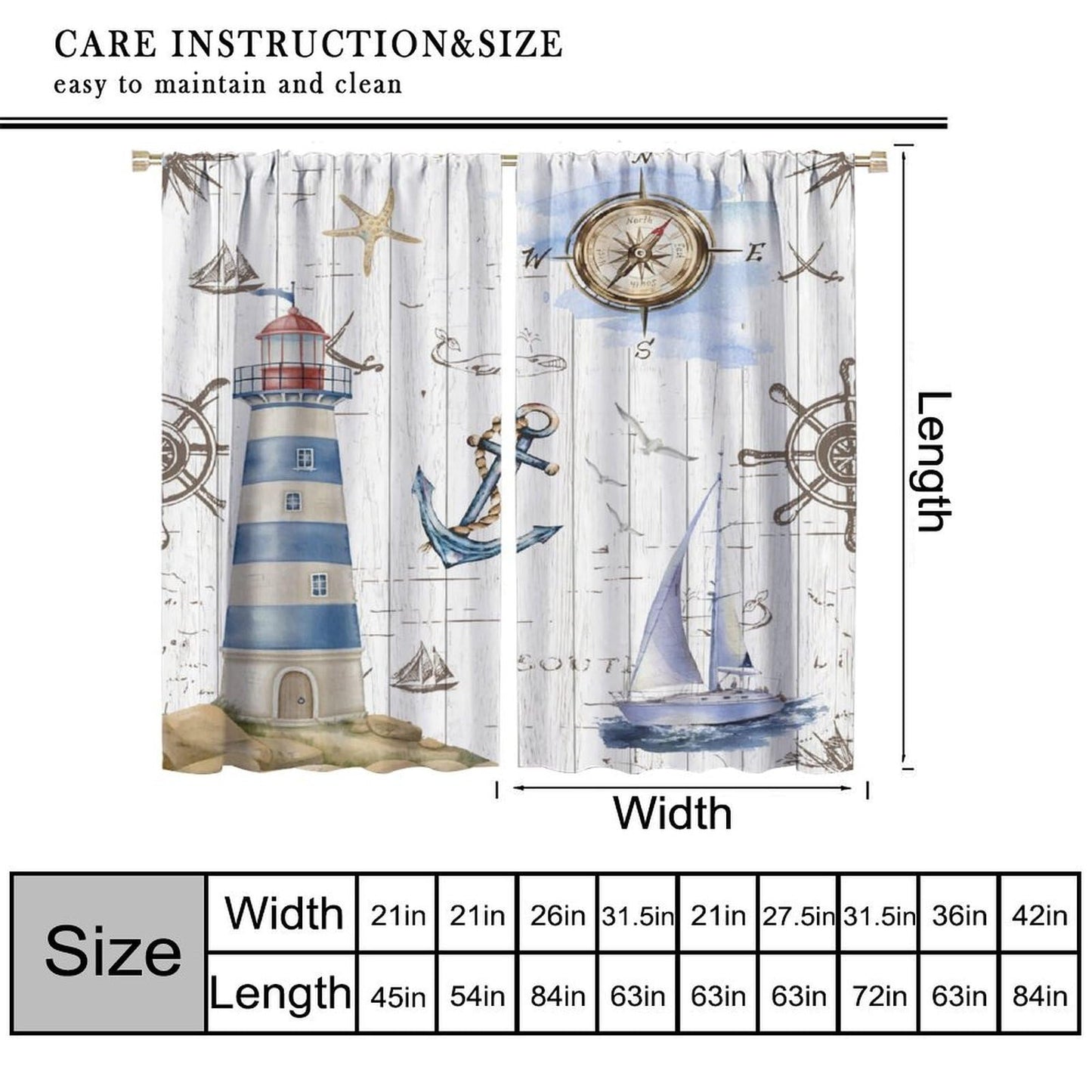 Nanacur Lighthou Nautical Map Curtains, Ocean Vintage Adventure Compass Anchor Shell Rod Pocket Window Treatment for Kids Bedroom Living Room Kitchen Drapes 41" W X 45" L (No Blackout)