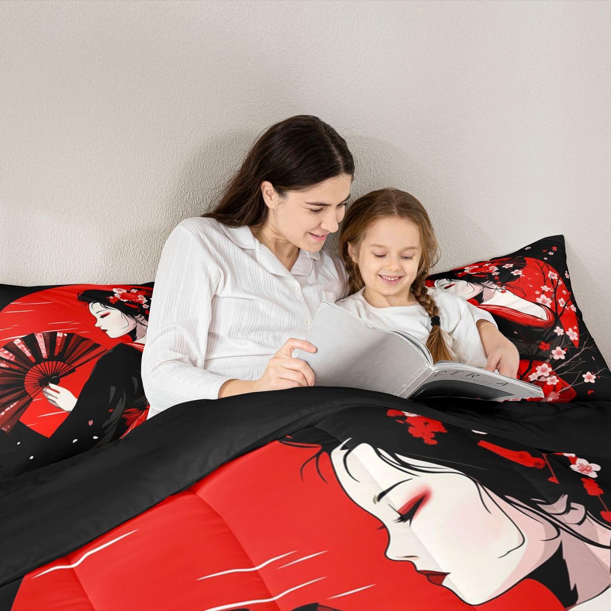 jejeloiu Japanese Geisha Comforter Set Queen Size Cherry Blossom Bedding Set for Kids Boys Girls Red Sun Duvet Quilt Japanese Ukiyoe Bedroom Decor Microfiber 3 Pcs with 2 Pillow Cases