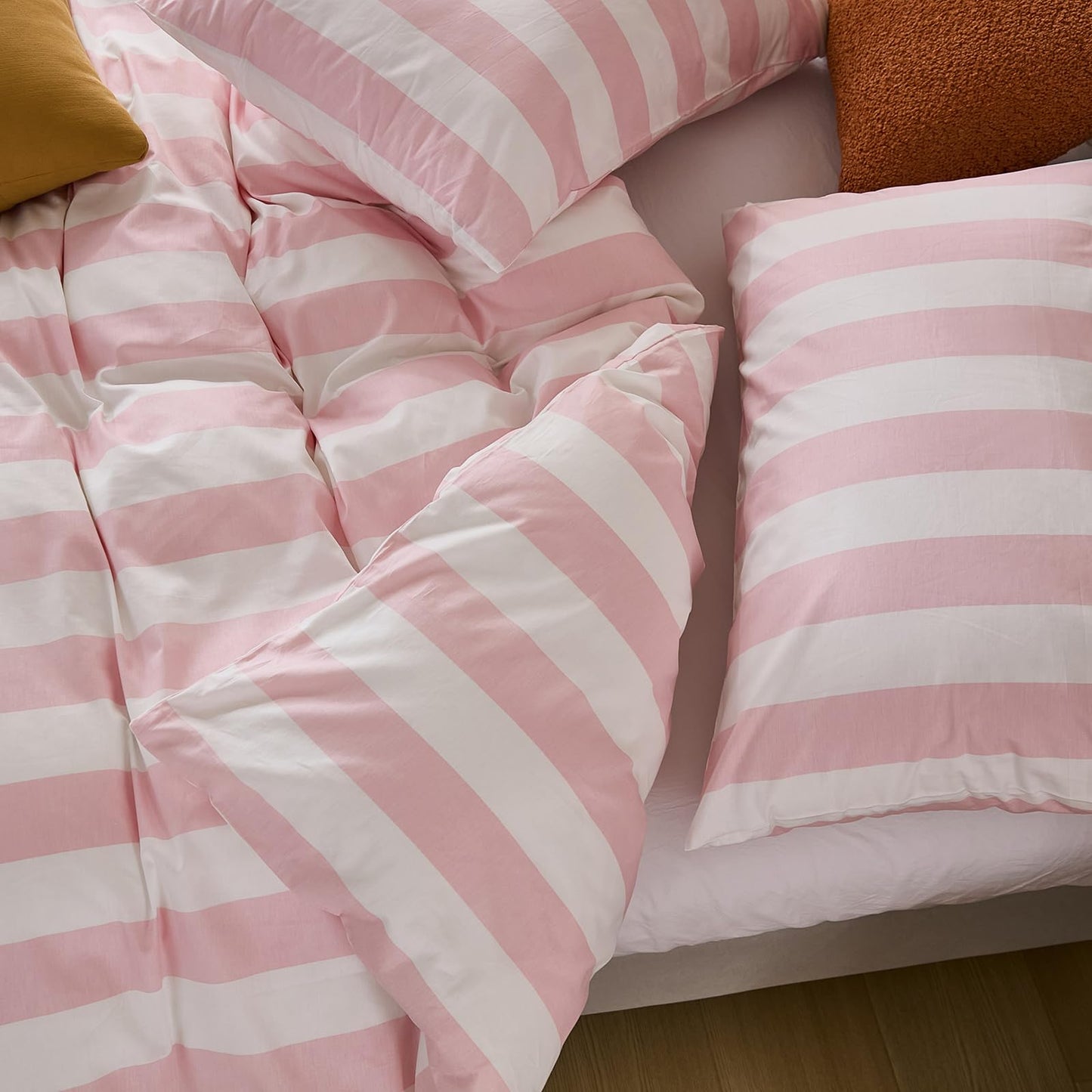 Merryword Pink and White Striped Comforter Set King Size, 100% Cotton Reversible Comforter Set 3 Pcs, Luxury Linen Like Bedding, Soft Breathable Lightweight Comforter for All Seasons