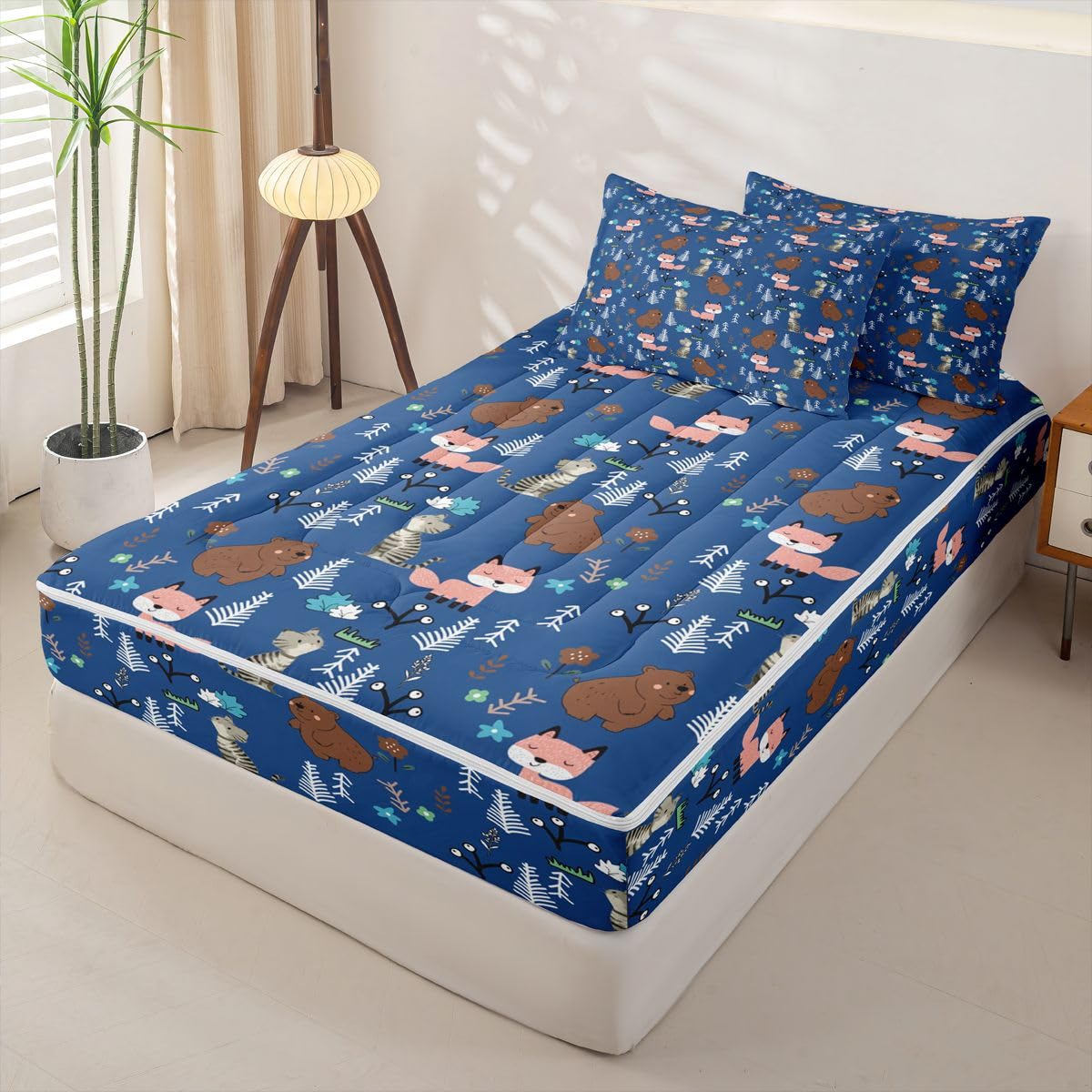 Erosebridal Boys Blue Bear Kids Zipper Bedding Set Twin Cartoon Animal Zip Up Comforter Set with Sheets for Child Nursery Fox and Cat Wild Animals Bed in a Bag Woodland Animals Wildlife Bed Sets