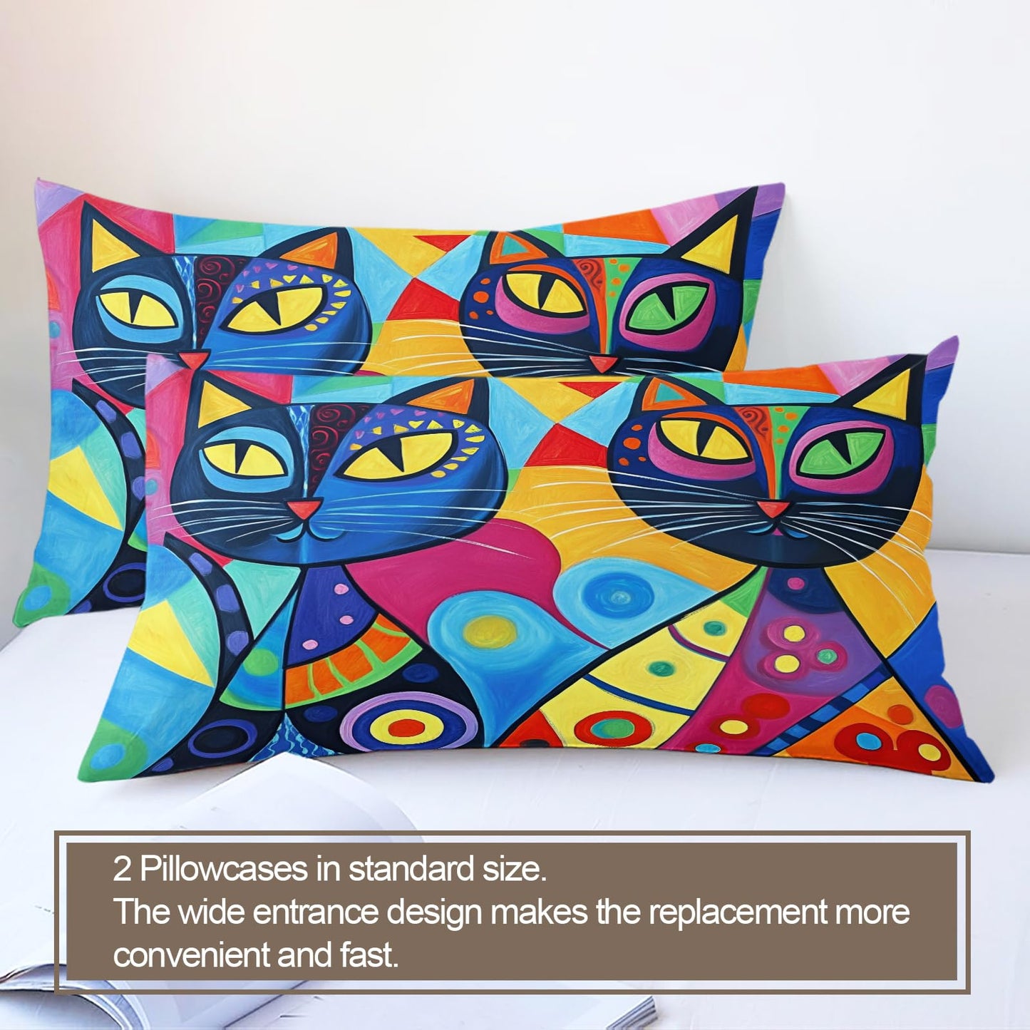 ZAMODE Cat Duvet Cover Queen Size, Abstract Kitten Comforter Cover 90" x 90" & 2 Pillowcases, Cartoon Colorful Cat Bedding Set with Zipper Ties
