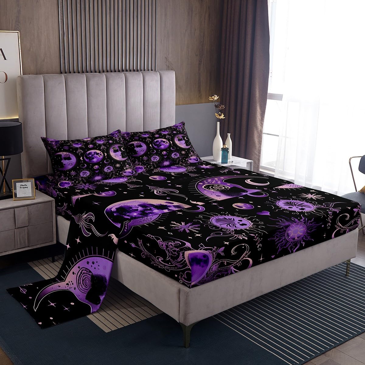 jejeloiu Kids Halloween Decor Bed Sheets Set Twin Size Purple Eclipse of The Sun Bed Set Sun and Moon Deep Pocket Fitted Sheet Astronomy Breathable Soft Lightweight Microfiber