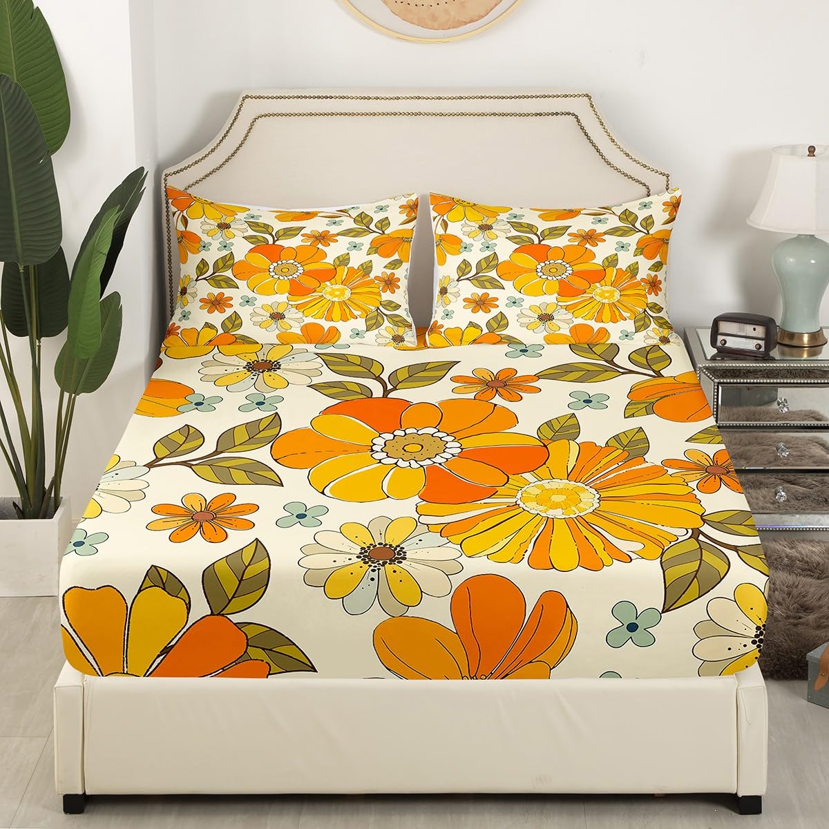 Castle Fairy Retro Flowers Full Fitted Sheet 4pcs,Watercolor Yellow Floral Green Leaves Plant Bed Sheet Set for Girls Teens Bedroom,70s Trippy Daisy Polyester Bedding Set with 1 Flat + 2 Pillowcases
