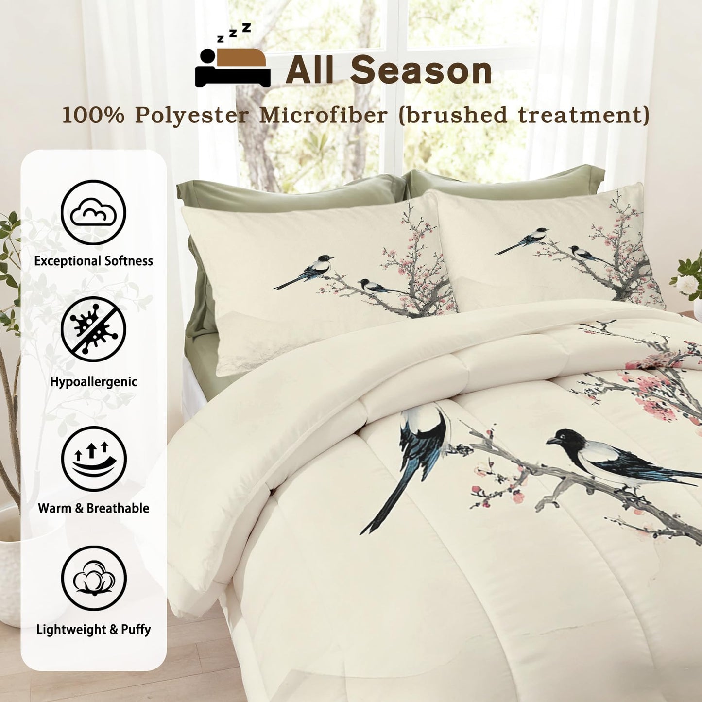 TANCAPRIUM Japanese Comforter Set Queen - Flower Bird Bedding Set & 2 Pilow Cases for All Season - Soft Reversible Down Alternative 3 Piece. Japanese Bedrom Decor