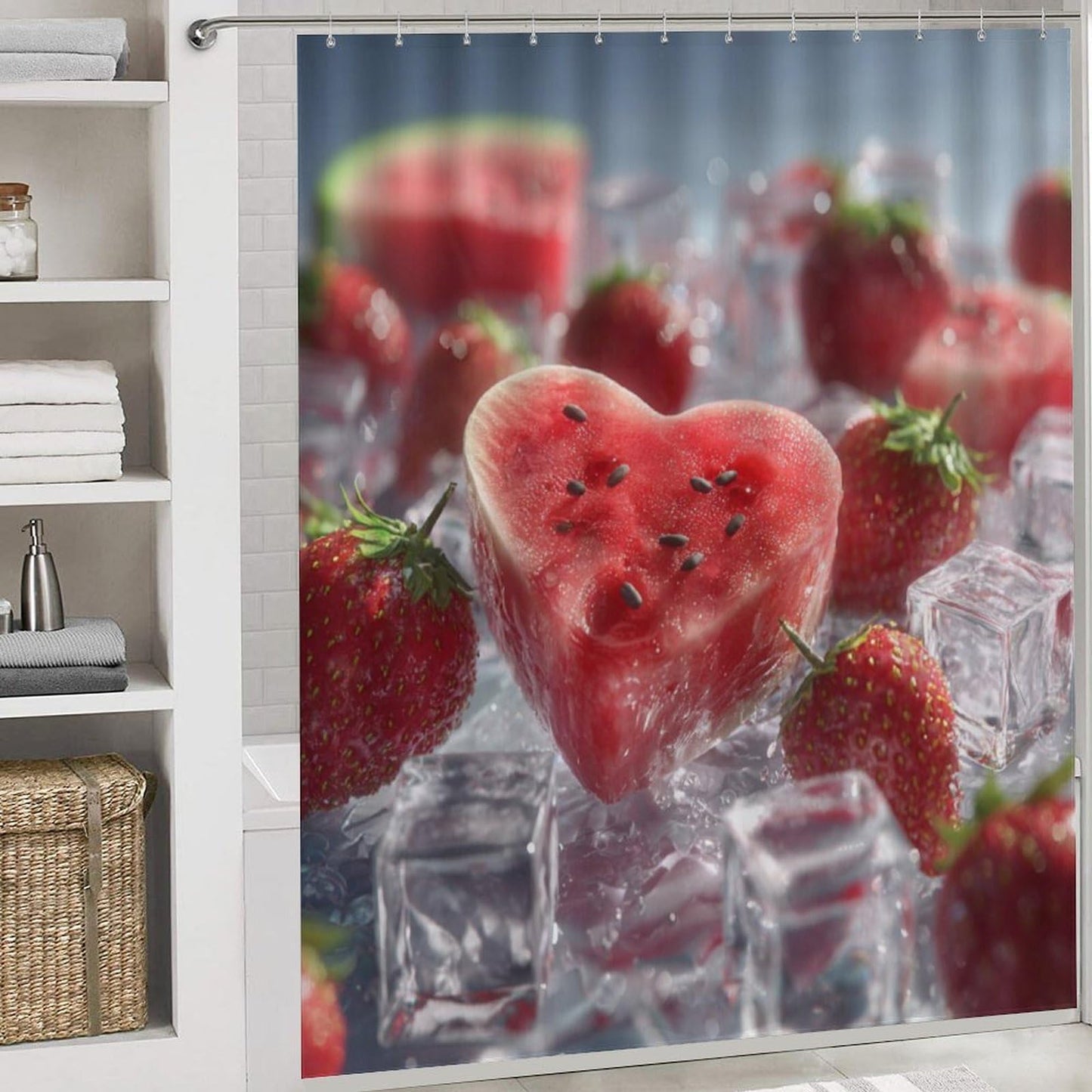 INSFBRB Realistic Rustic Watermelon Shower Curtain Sets with Rug,Toilet Lid Cover and Bath Mat,Colorful Modern Summer Ice Cubes Fruit Watermelon Strawberries 4 Piece Bathroom Set