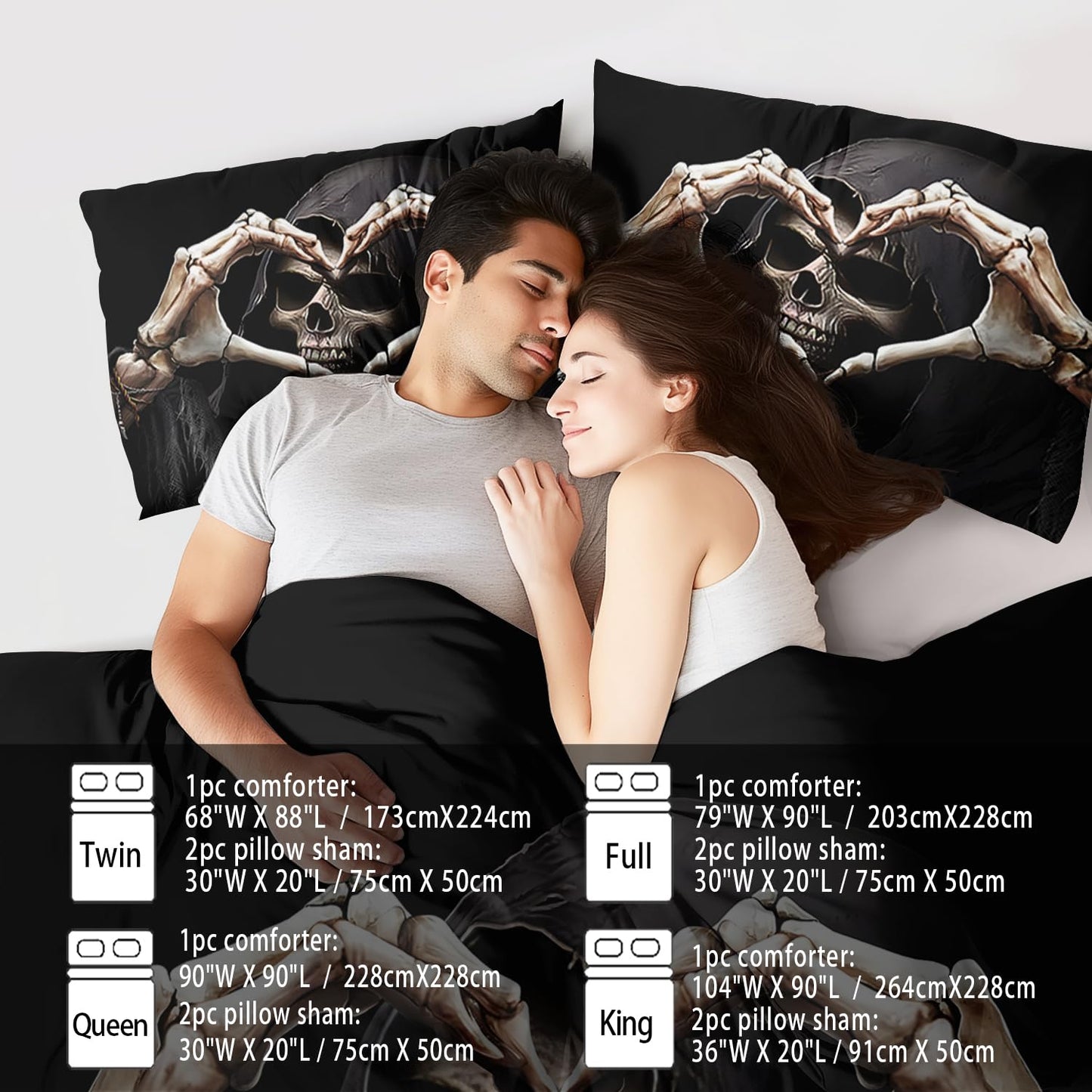 llyxsesty Black Skull Comforter Set Queen Black Goth Comforter Sets for Couple Skull Bedding Girls Medieval Bedding Goth Room Decor Love Heart Bed Quilt Love Home Decor