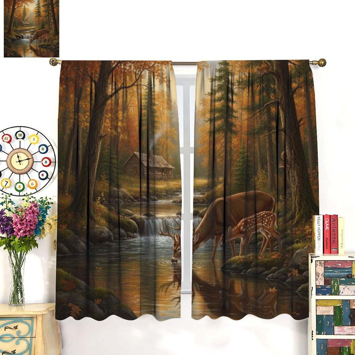 PHTAYOT Rustic Cabin Deer Curtains Farmhouse Country Farm Forest Wildlife Deer Pattern Decor Window Drapes for Bedroom Living Room,2 Panels Set,42x45 Inch