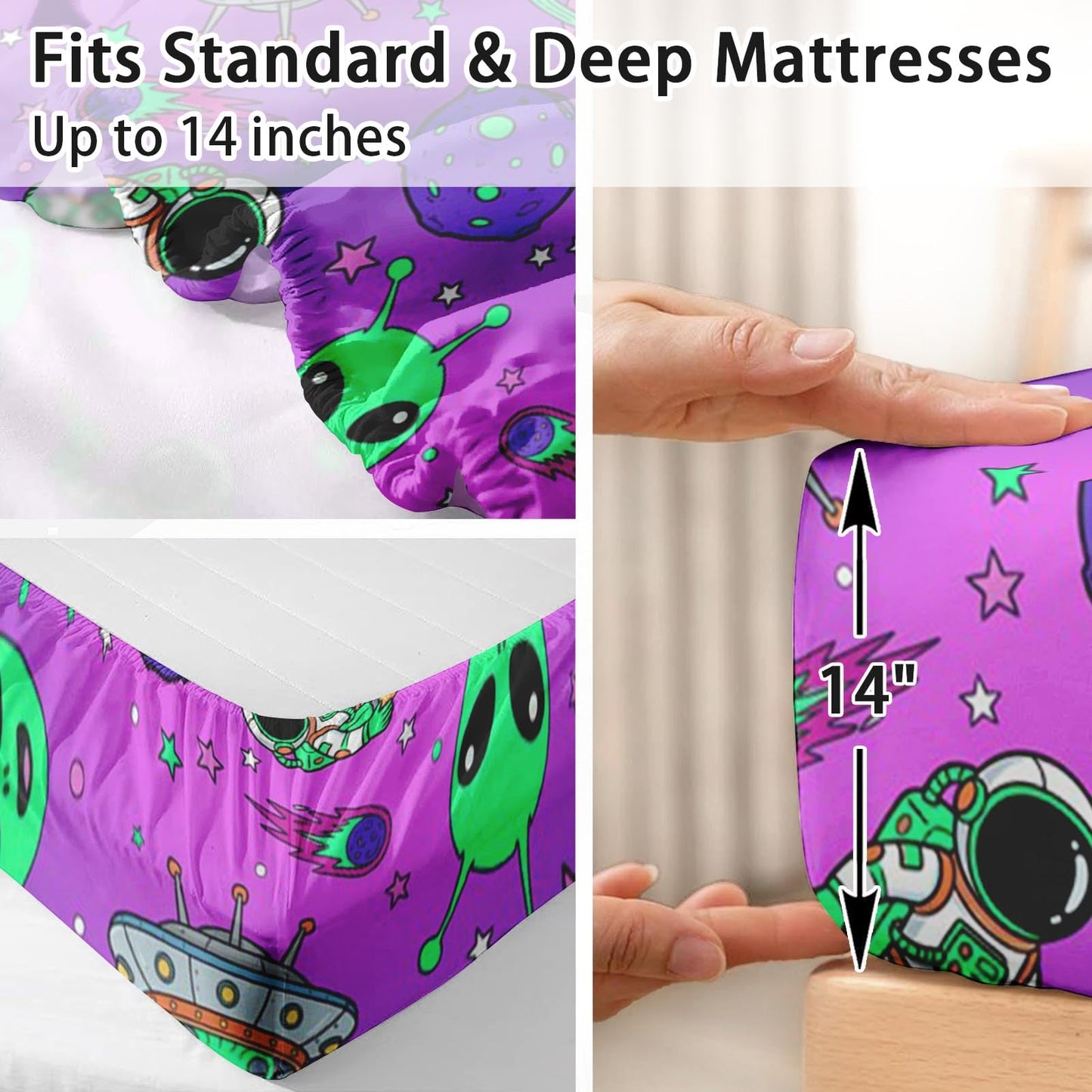 Pamnest Full Size Bed Sheet Sets, Alien Space Soft Microfiber 4 Pcs Bedding Sets for Kids and Adults Bedroom Bed Decor, Moon Neon Science Flat, Fitted Sheet and 2 Pillowcases