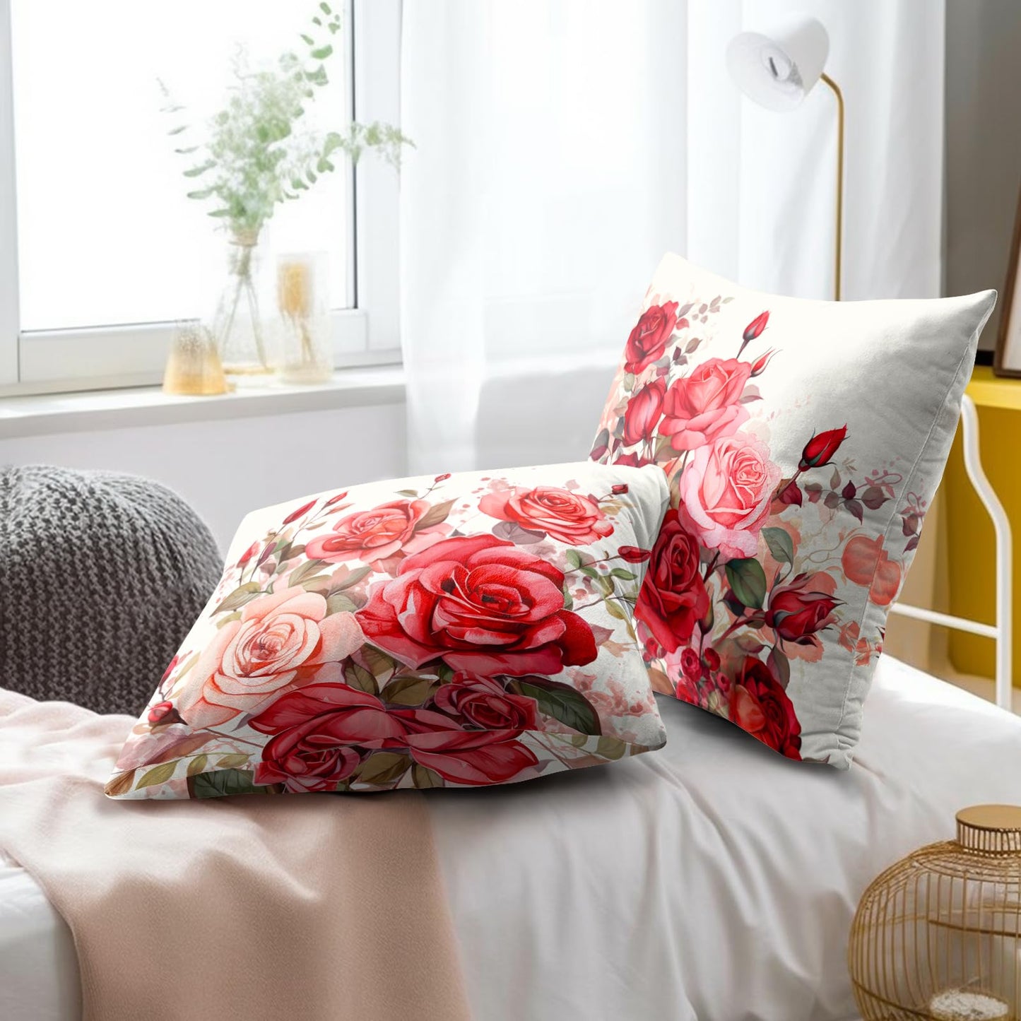 Mweet Red Roses Throw Pillow Covers 18x18 Inch Set of 2, Valentine's Day Decorative Pillow Case Beautiful Bouquet Flower Cushion Cover for Couch Sofa Wedding Anniversary Decor Gift