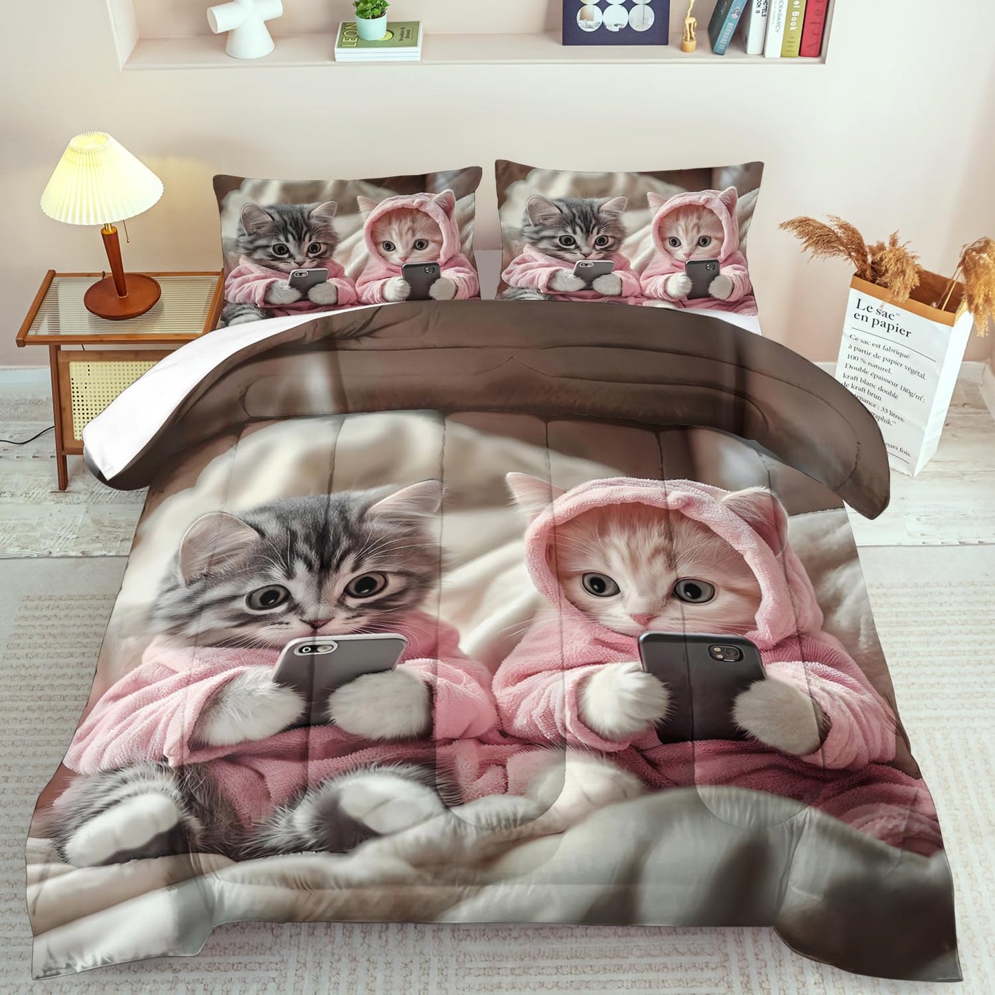 llyxsesty Cute Cat Comforter Set Queen for Kids Kawaii Cat Bedding Set Girls Kawaii Animal Comforter Queen Quilt Cute Pet Bedroom Decor Animal Bedding Home Decor