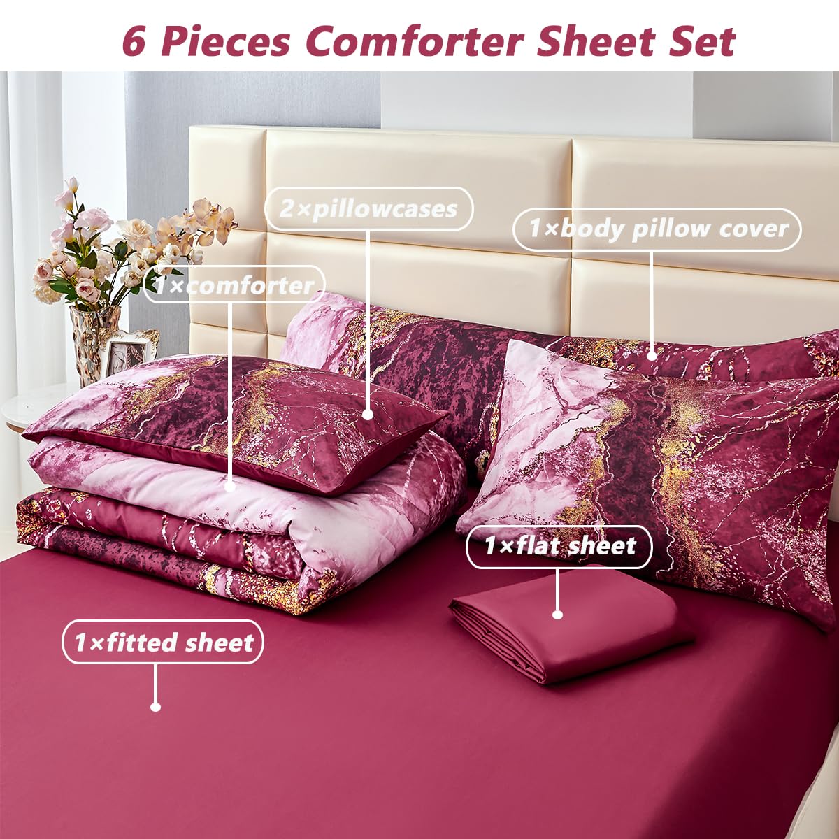 PERFEMET 6-Piece Bed in A Bag Queen Burgundy Marble Comforter Set with Sheets Aesthetic Retro Artwork Style Dark Red Bedding Set for All Season(Burgundy, Queen)