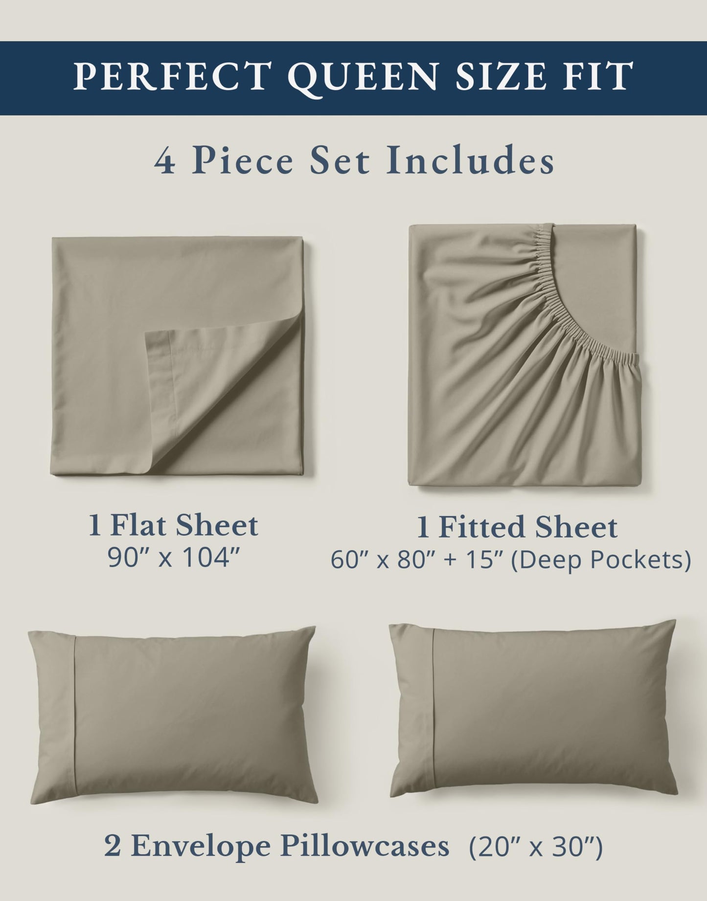 LANE LINEN 100% Organic Cotton Mercerized Queen Sheets, Soft & Comfy Naturally Cooling Cotton Sheets Queen Size Set, Classic Percale Weave Low Pill Fade Resistant Queen Bed Sheets- Silver