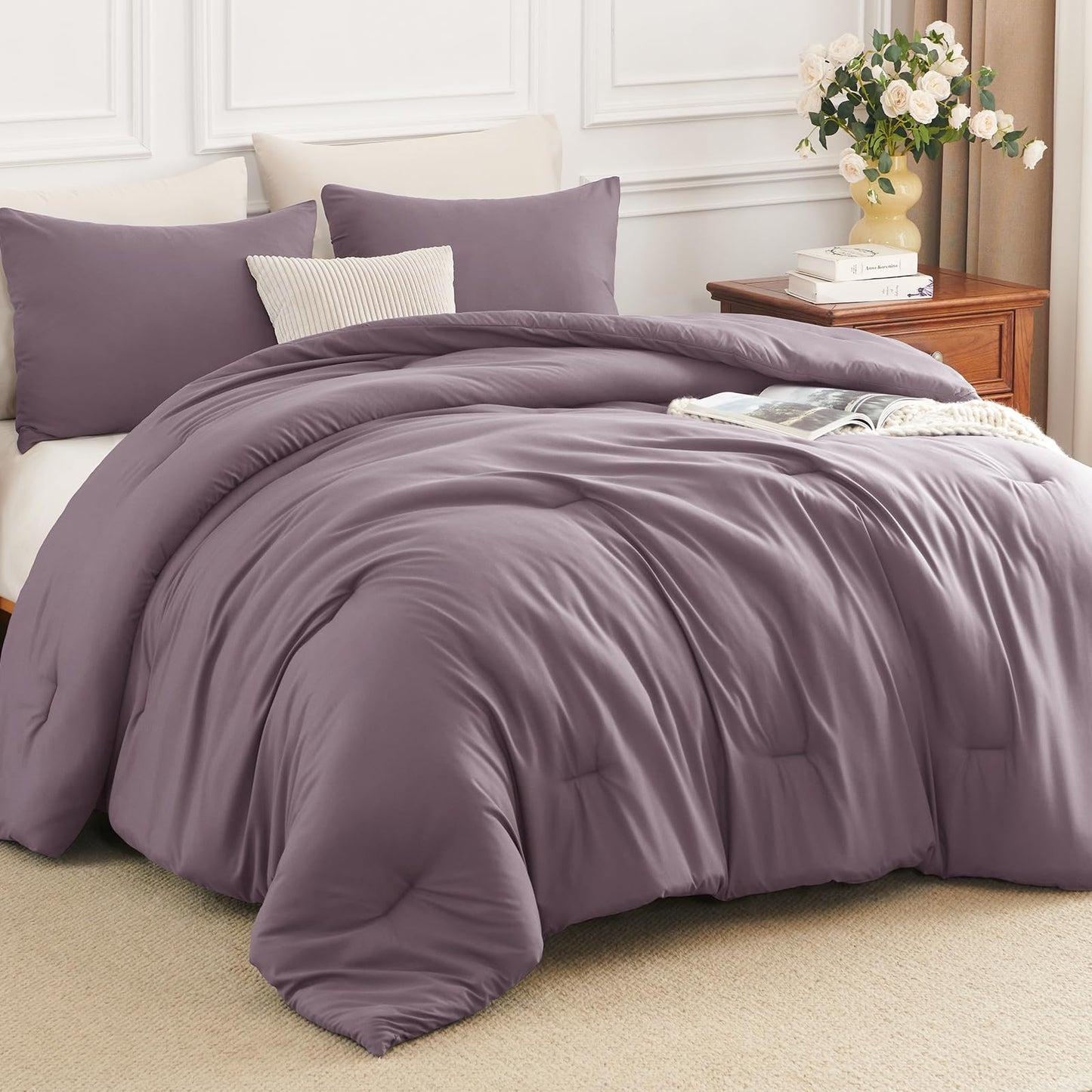 HIMEET King Size Comforter Set 3 Piece, 270GSM Down Alternative Fill, Oeko-TEX Certified, Quilted with 8 Corner Ties, All Season Bedroom Bedding with 2 Pillowcases, Dusty Purple