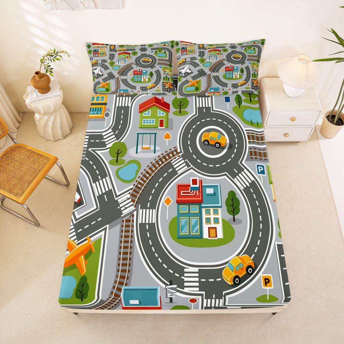 Manfei City Traffic Map Fitted Sheet Set Crossroad Street Airplane Bedding Set for Kids Bedroom Cartoon Cute Car Building Bed Sheet Set 3pcs Deep Pocket Mattress Cover,No Top Flat Queen Gray Black