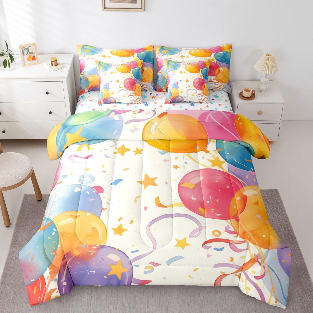 Erosebridal Colorful Balloon 7 Piece Bedding Set Queen Star Pattern Comforter Set with Sheets Birthday Theme Bed in A Bag Rainbow Bed Sets with 2 Pillowcases, 2 Throw Pillow Covers