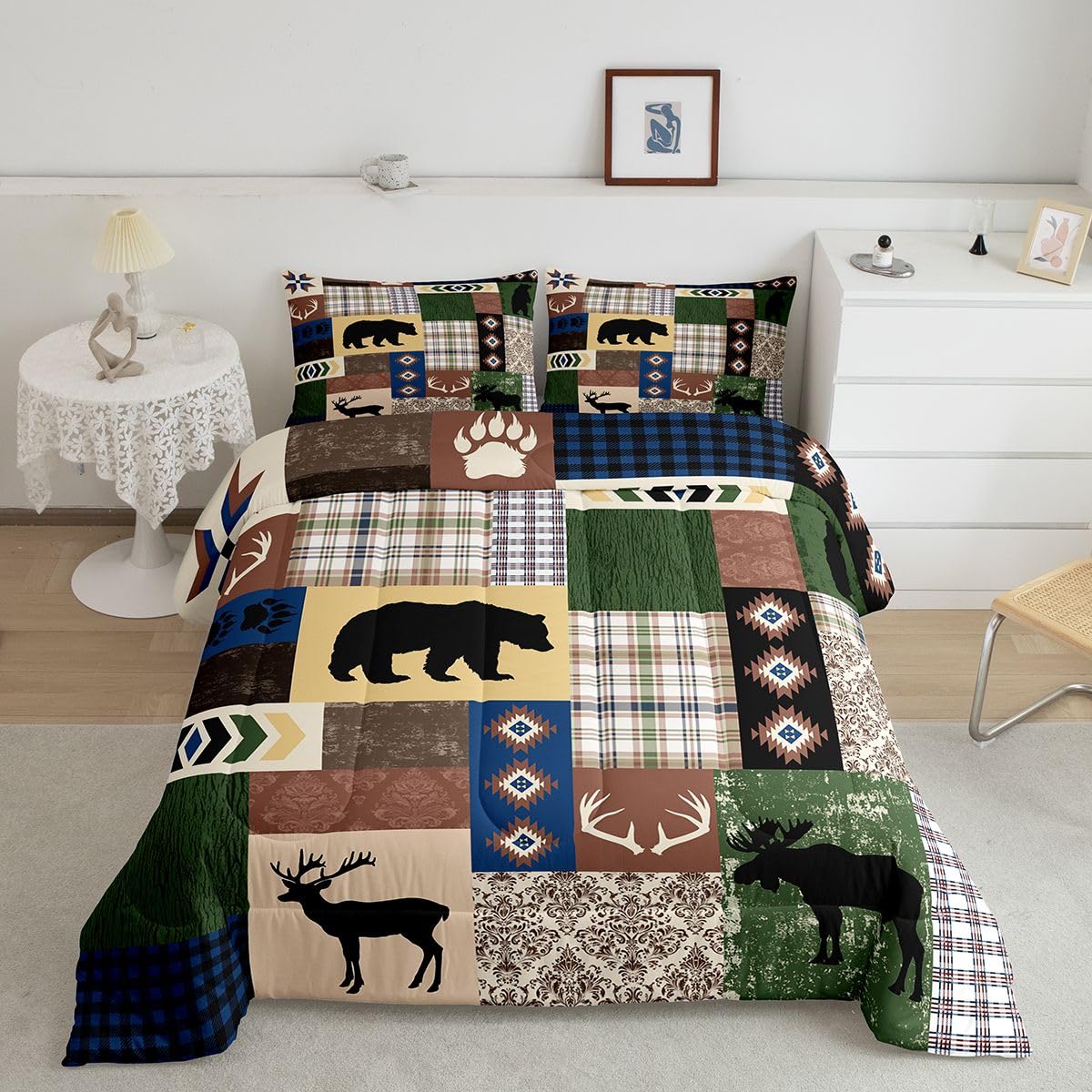 Erosebridal Rustic Kids Comforter Set | Farmhouse Bear Bedding King,Wild Hunting Theme Down Comforter Western Country Duvet Set for Bedroom