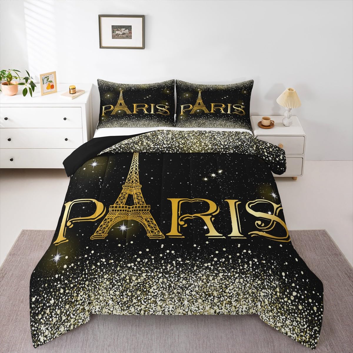 Erosebridal 2 Pcs Eiffel Tower Comforter Set,City Building of Paris Quilted Comforter Twin Size,Gold Yellow Ombre Glitter Bedding Set with 1 Pillow Case