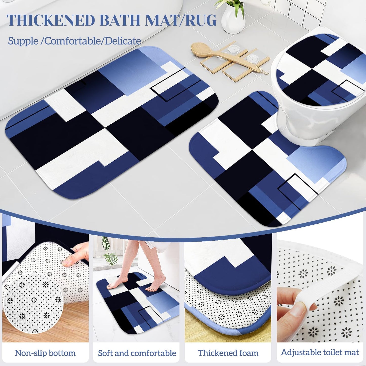 KINUUIS 4 Pcs Navy Blue Geometric Bathroom Shower Curtain Sets with with Toilet Lid Cover and Non-Slip Rugs,Navy Blue Bathroom Decor Sets with Shower Curtain and Rugs for Bathroom