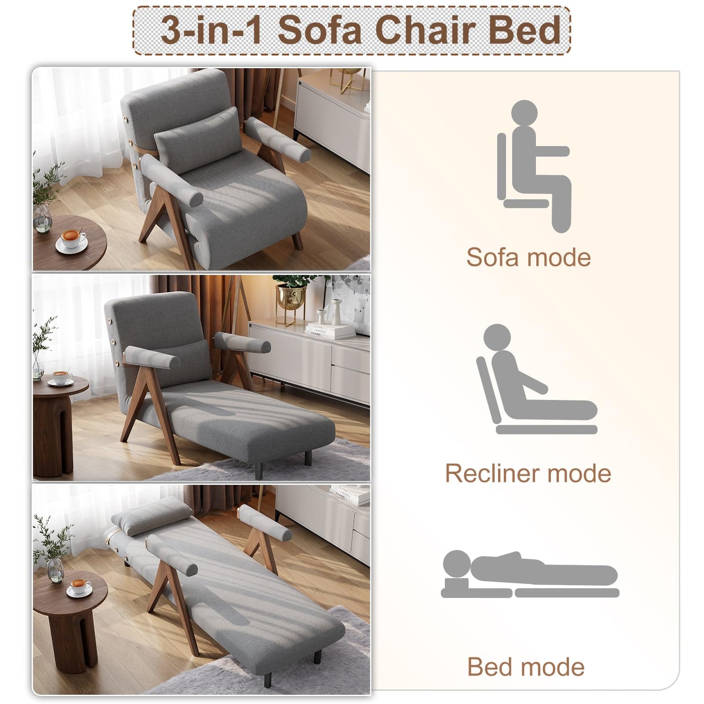 AnywaysWood 3 in 1 Residential Convertible Sofa Bed Chair|3 in 1 Sleeper Sofa Couch Bed | Adults | Living Room, Bedroom,Office (Gray 32Wx 32Dx32L)