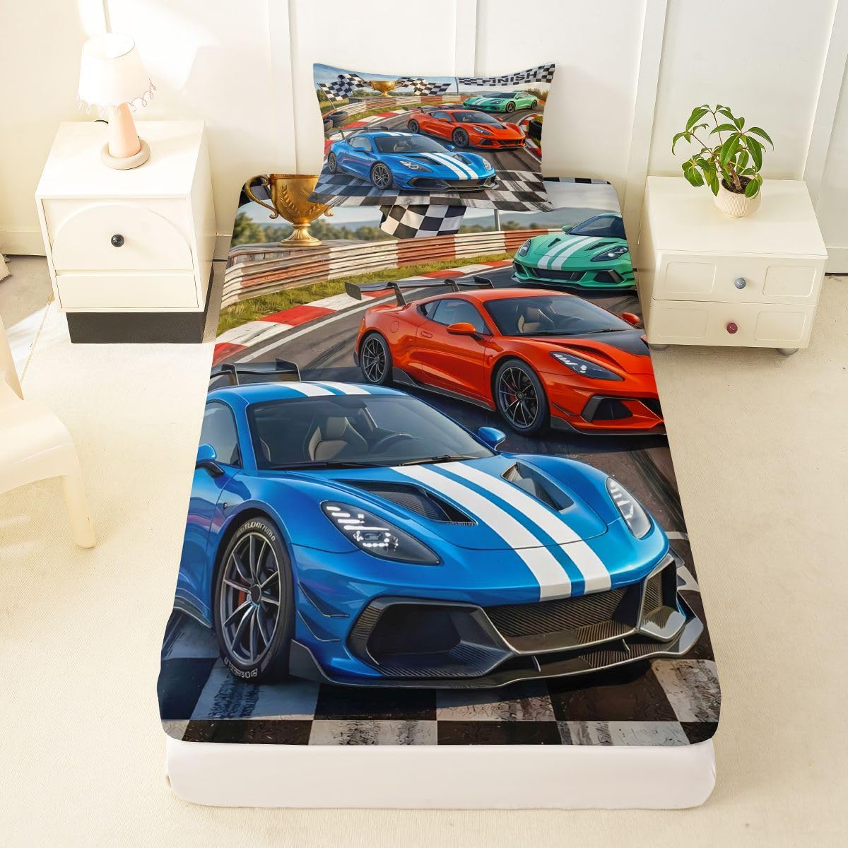 Feelyou Boys Race Car Fitted Sheet Twin Size for Kids Boys Girls Speed Sports Car Bed Sheets Set 16" Deep Pocket Soft Breathable Racing Extreme Sports Bedding with 1 Pillowcase Automobile Room Decor