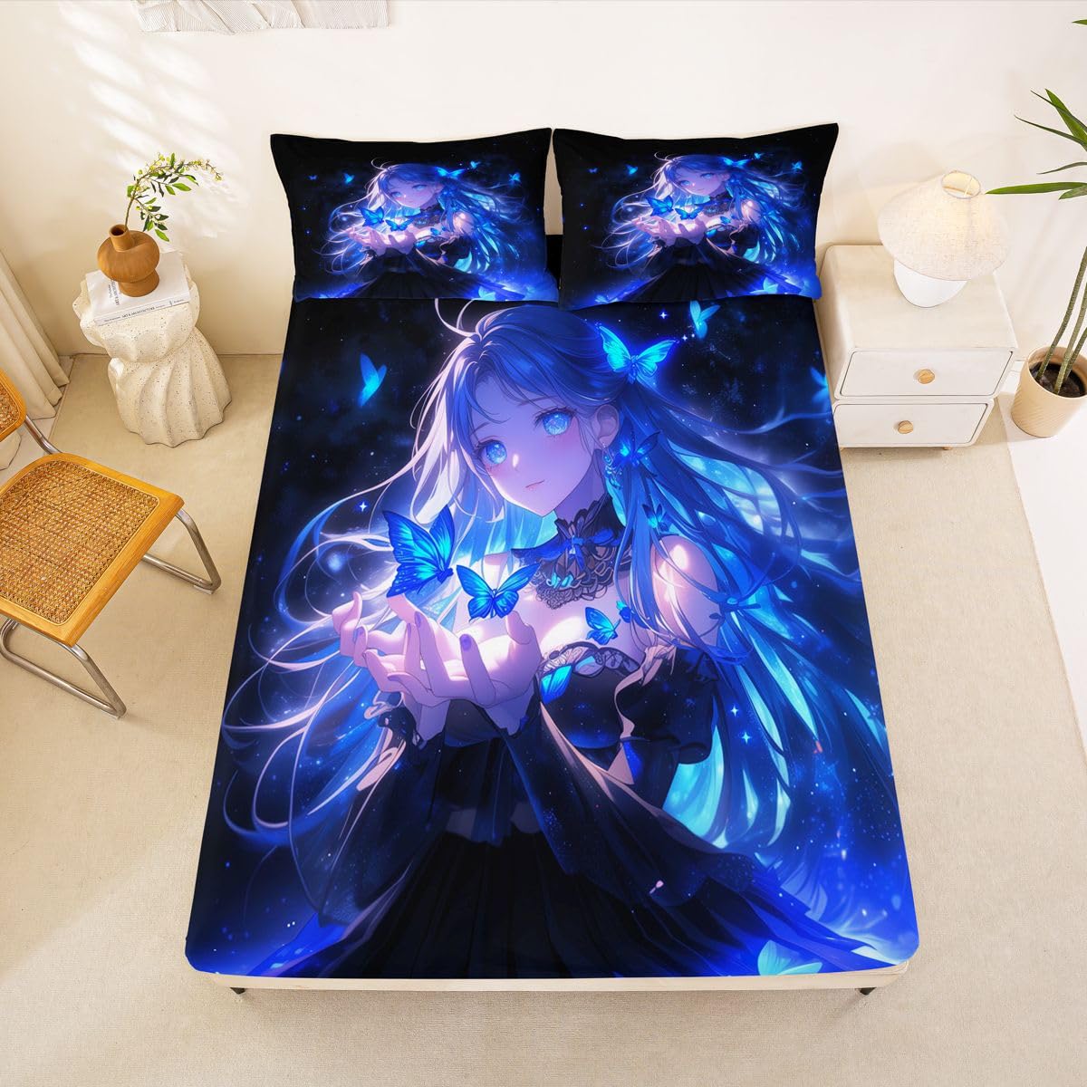 Erosebridal 3D Japanese Girl Fitted Sheet for Boys Girls Kids Blue Butterfly Decorations Queen Bed Sheets,Cartoon Sheets Anime Gifts for Her Bedding Sets, No Top Sheet