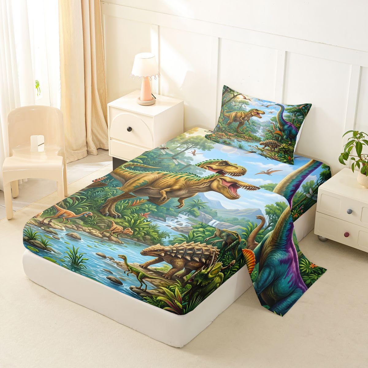 Feelyou Dinosaur Bed Sheets Set Twin Size 3D Digital Print Bed Set Jungle Dino Deep Pocket Fitted Sheet Wild Animal Breathable Soft Lightweight Microfiber Blue White Green Yellow