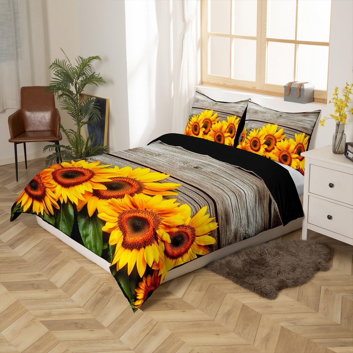 Feelyou Sunflower Duvet Cover Botanical Floral Printed Bedding Set for Kids Women Adults Yellow Blossom Comforter Cover Wooden Scenes Bedspread Cover Bedroom Collection 3Pcs King Size