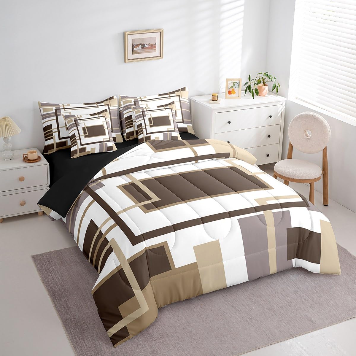 Erosebridal 7Pcs Khaki Square Geometric Comforter Set King,Minimalist Striped Abstract Bed in A Bag for Women Men Adults,Modern Aesthetic Art Quilt Set with Pillowcases,Geometric Stripes Bedding