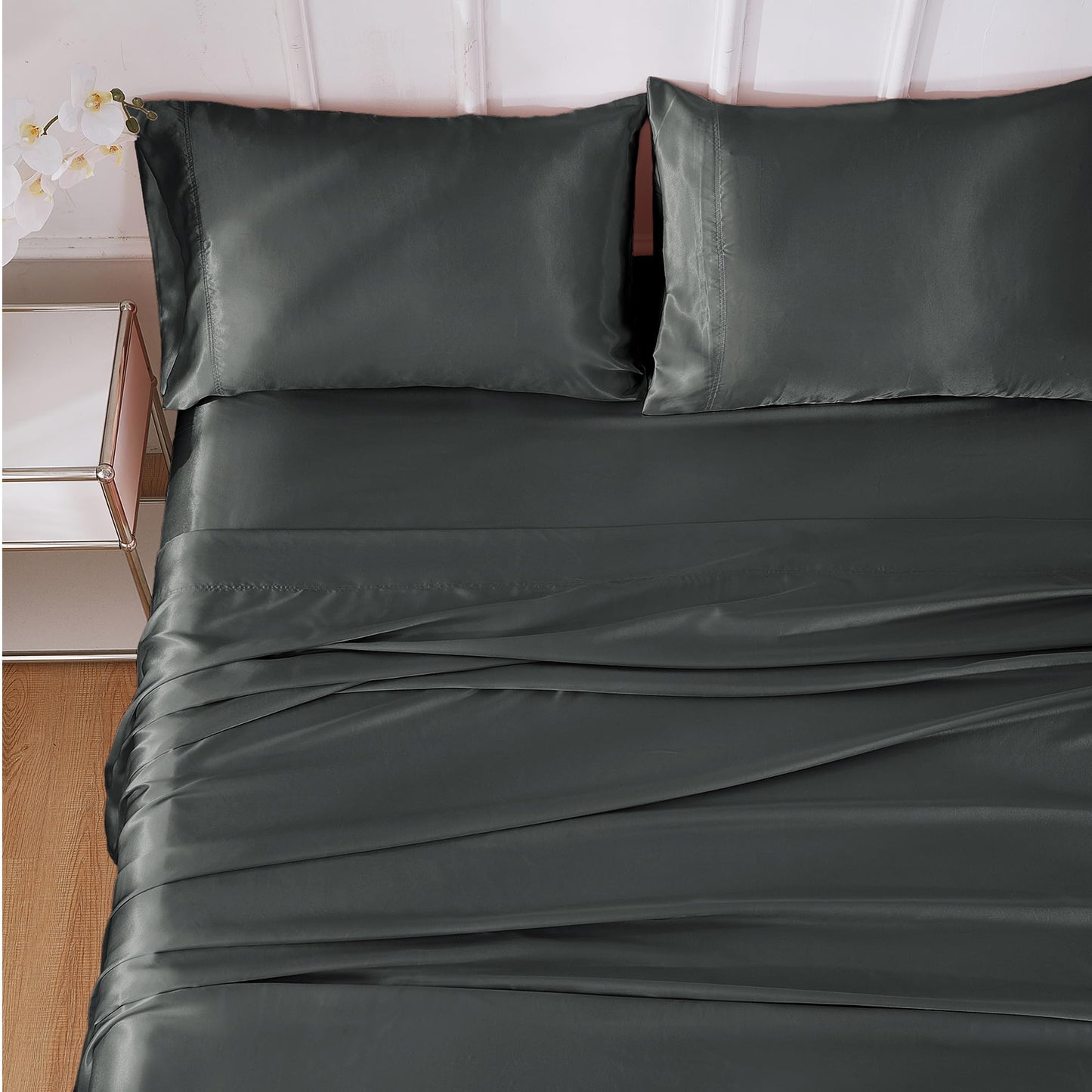 lasoftan Silk Satin King Sheets Set, Silky Fitted Bed Sheets with 15" Deep Pocket and Non-Slip Corner Straps, Luxury Hotel King Size Satin Sheets, Grey Cooling Sheets & Pillowcase Set