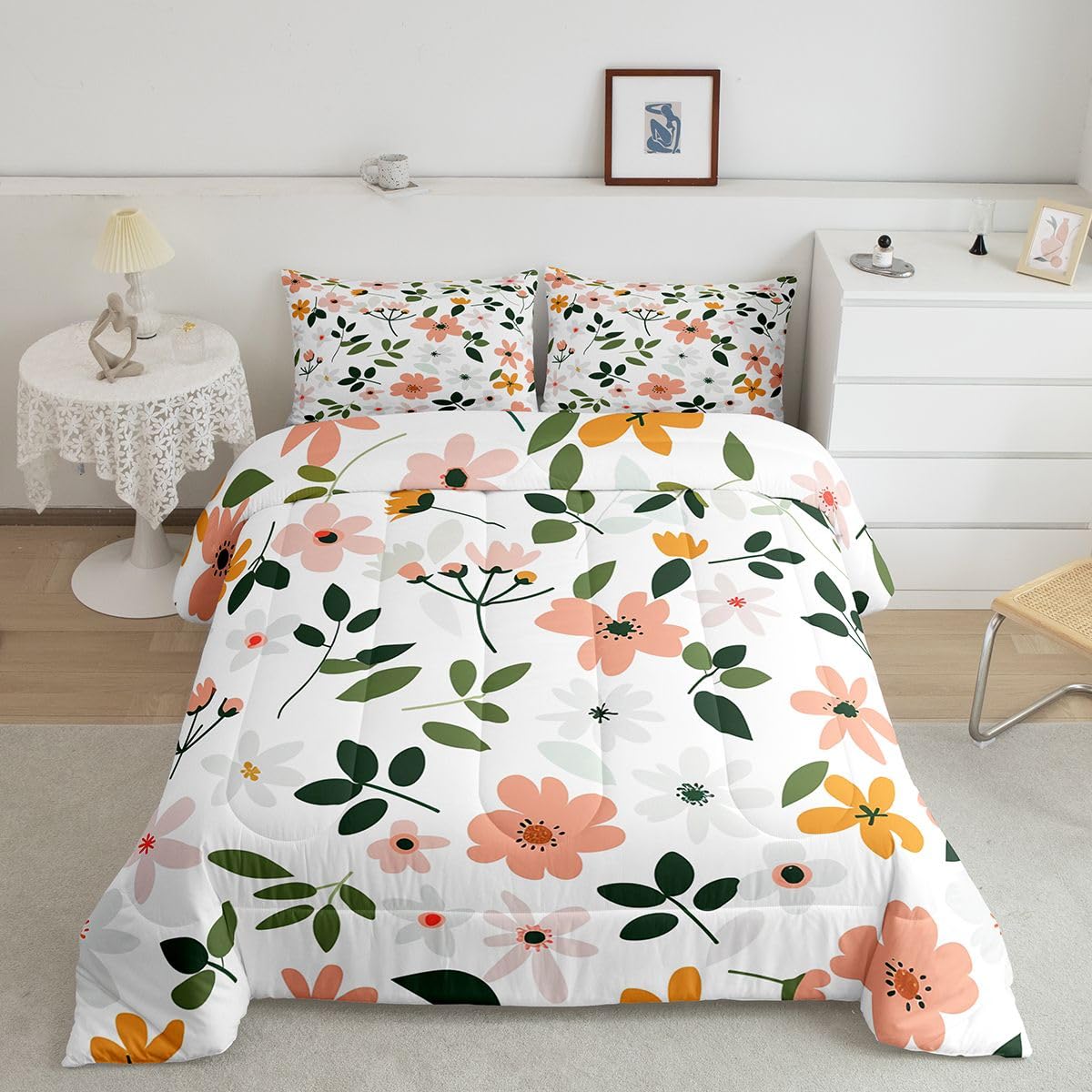 Feelyou Cute Floral Kids Comforter Set Queen Size Cartoon Flower Bedding Set Plant Duvet Quilt for Kids Boys Girls Bedroom Natural Decor Microfiber Ultra Soft Breathable