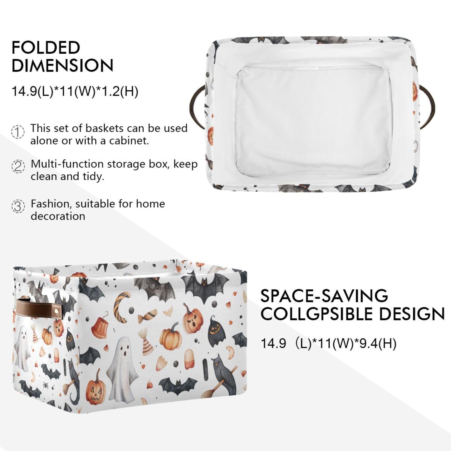 senya Halloween Storage Basket, Bats Pumpkins Halloween Foldable Fabric Collapsible Storage Bins Organizer Bag for Storage Clothes