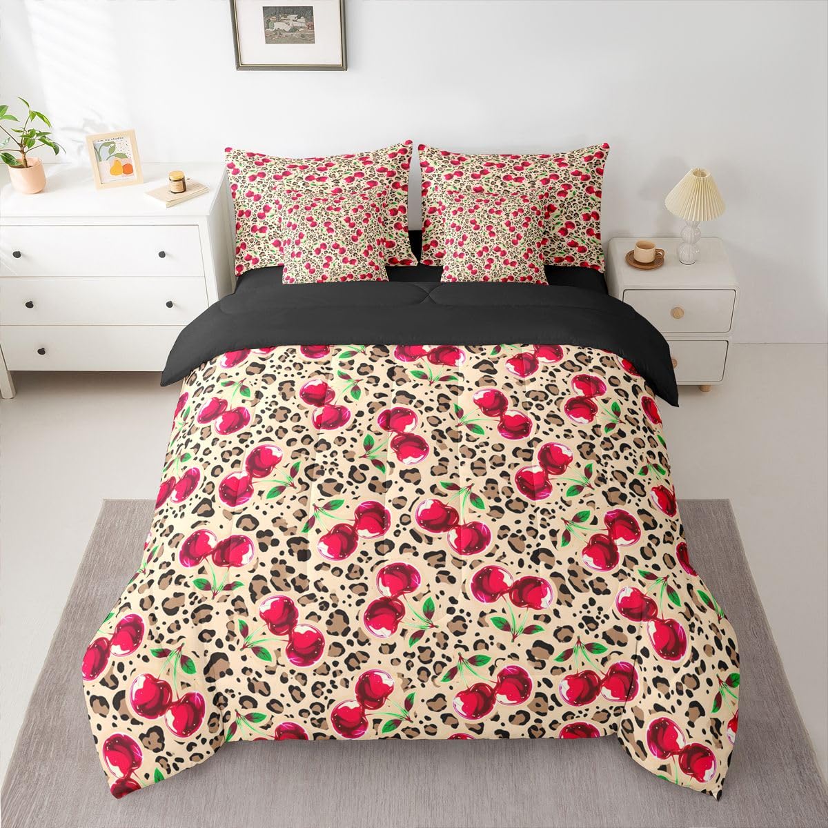 Erosebridal Cute Red Cherry Twin Size Bedding Set Y2K Retro Leopard Print 7 Pieces Comforter Set with Sheets for Women Girl Sweet Fruit Bed in a Bag Chic Animal Print Bed Sets