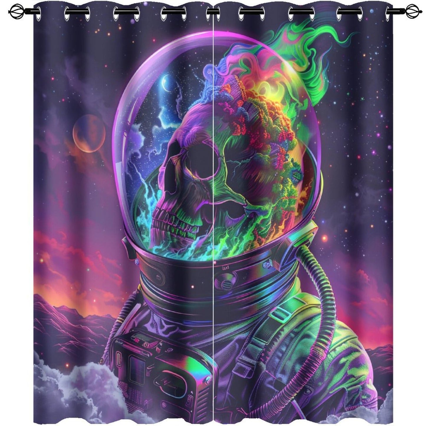 HDESDIS Mystical Horror Skull Blackout Curtains for Bedroom, Gothic Astronaut Skeleton Star Space Grommet Curtains Thermal Insulated Window Drapes for Living Room, 21W x 45L, 2 Panels