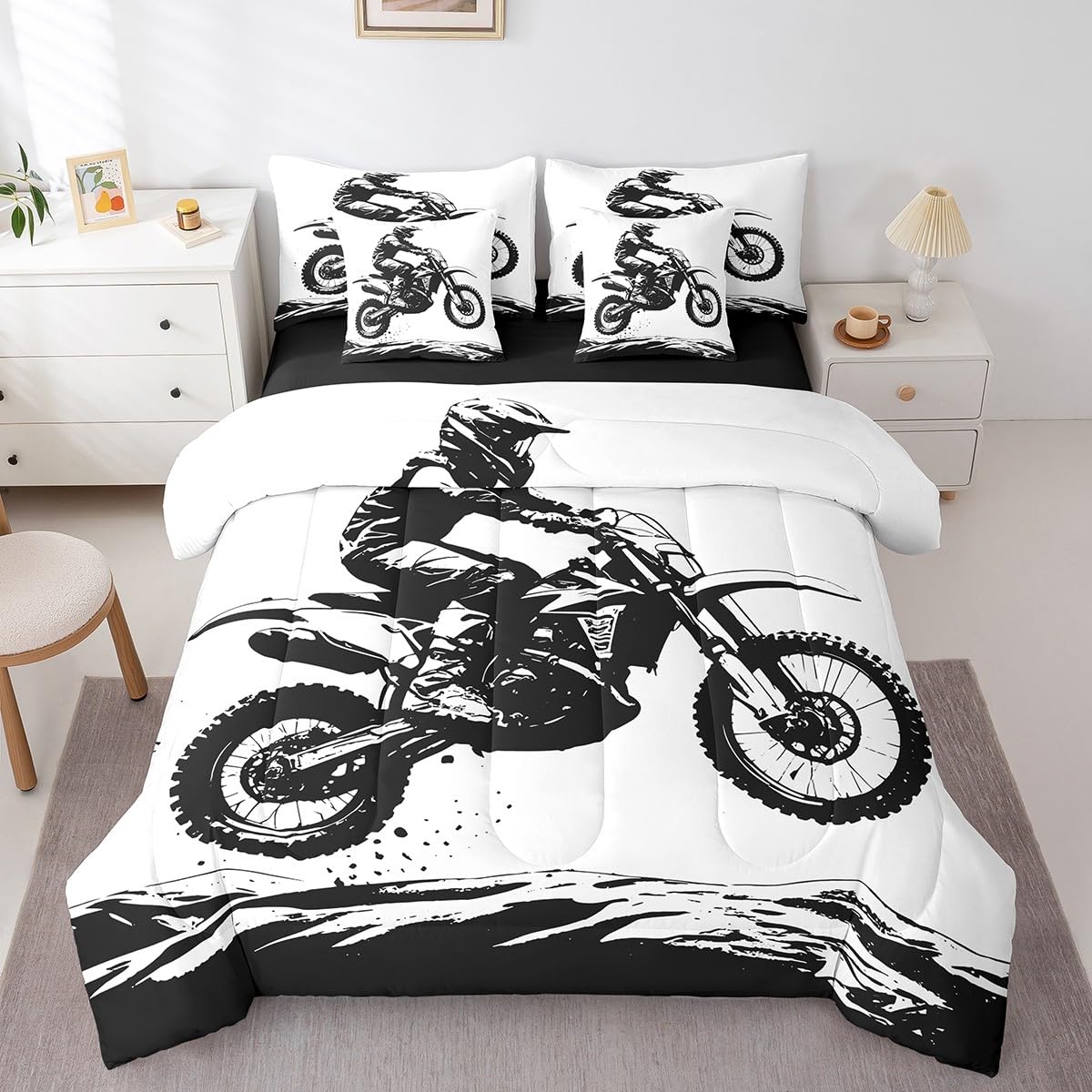 Erosebridal Teens Dirt Bike 7 Pcs Comforter Set Twin Size Motocross Rider Bedding Sets for Kids Boys Teens Adult Motorbike Extreme Sport Bed in A Bag Motorcycle Grunge Sheet Set