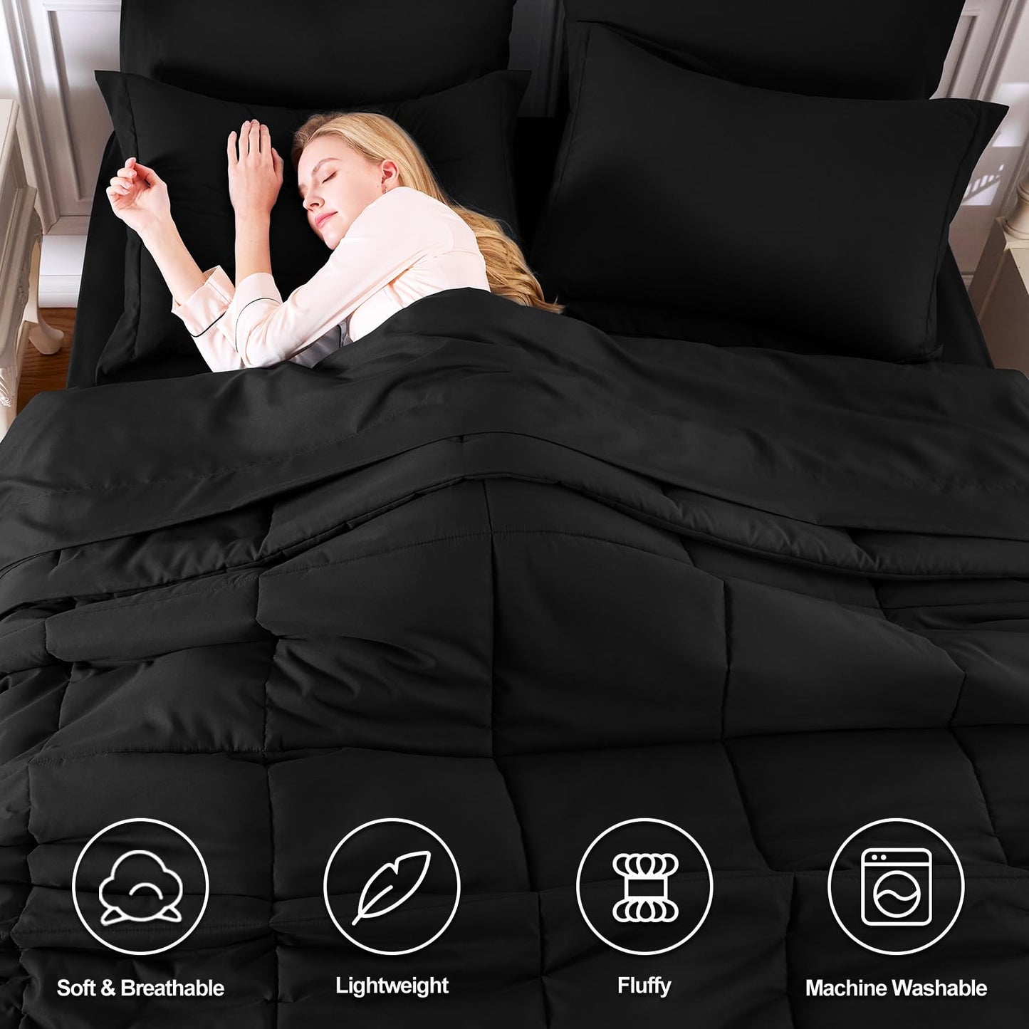 CozyLux Queen Comforter Set Black - 7 Pieces Bed in a Bag Queen, Oeko-Tex Certified Bedding Set, All Season Soft Bed Set with Down Alternative Comforter, Sheets, Pillowcases & Shams