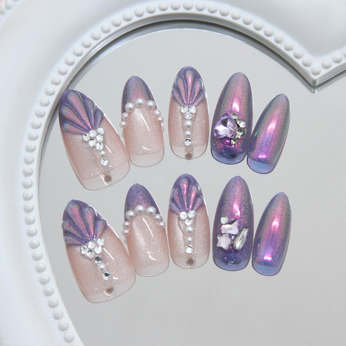 Purple Pink Mermaid Press on Nails, Medium Almond Fake Nails with 3D Shell Pearl Rhinestone Designs, Aurora Glitter False Nails for Women Wedding Party 24Pcs Nail Kit for Women French Tip Manicure