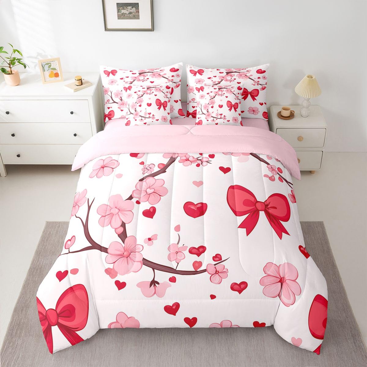 Erosebridal Pink Bowknot Queen Size Comforter Set,Cherry Blossom 7-Piece Bed in A Bag,Bowtie Heart Pattern Sheets and Pillowcases,Japanese Flower Pink Floral Branch Bedding Set Room Decor