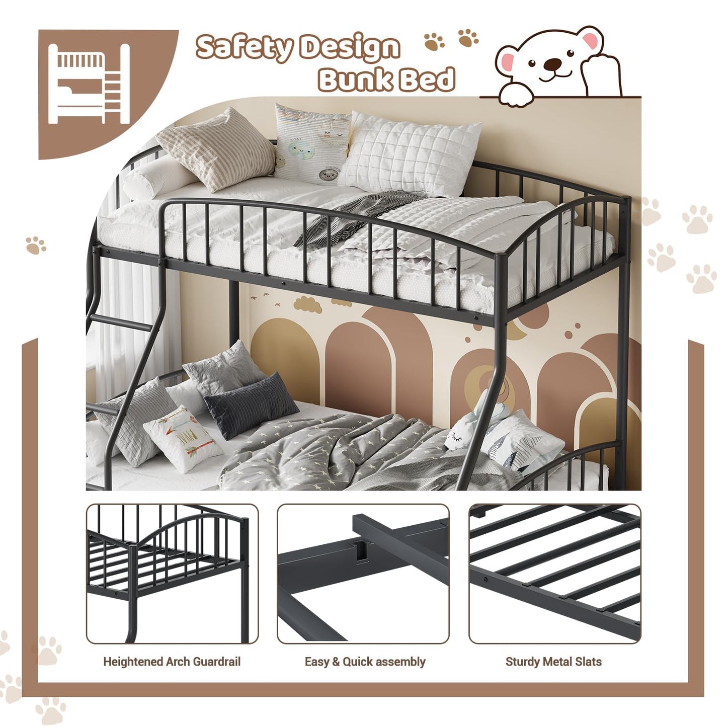 Garvee Bunk Bed Twin Over Full with Ladder and Arched Guardrail, Heavy Duty Bunkbeds Frame with Sturdy Steel Slats Support for Kids Boys Girls, Space-Saving, No Box Spring Needed, Black