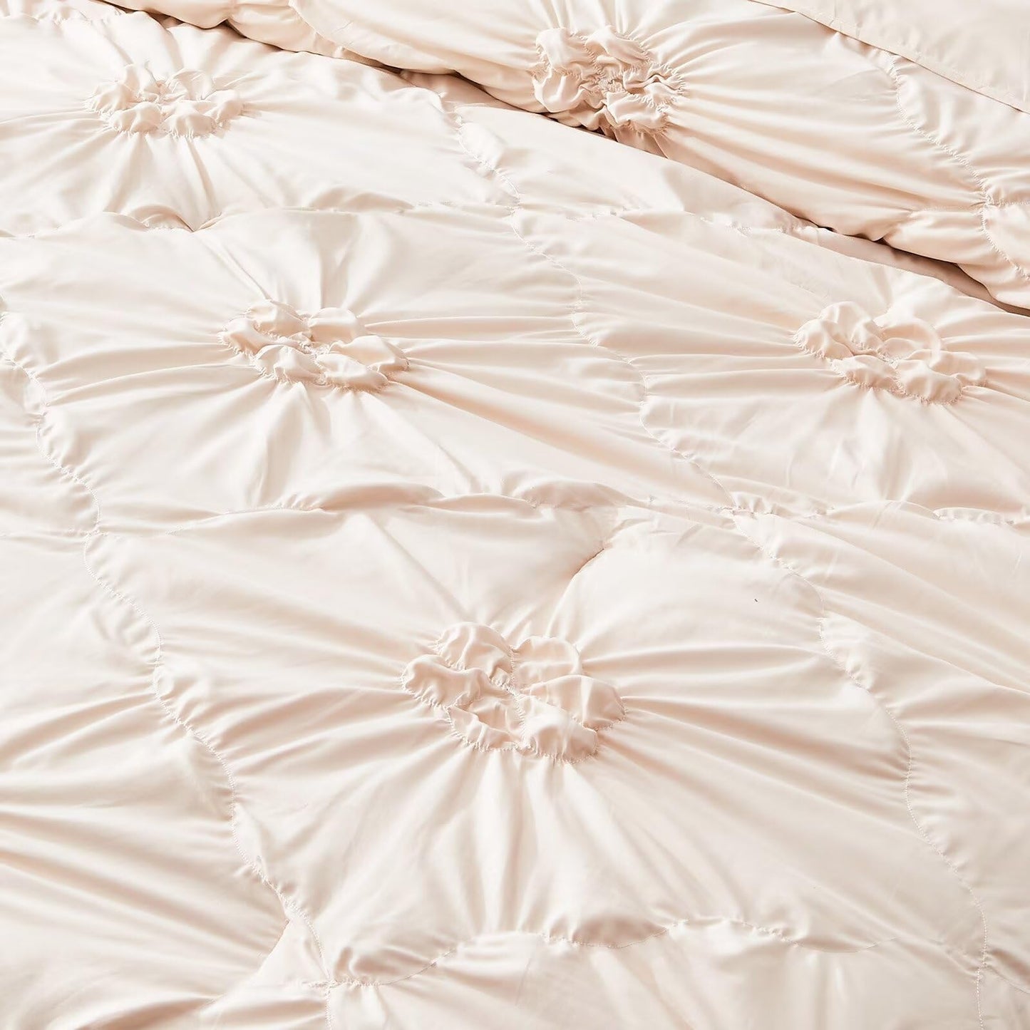 Jameswish Beige Comforter Set Queen Size Bed in A Bag 7 Piece Pinch Pleat Bedding Set, Pintuck Ruched Flowers Bed Set with Comforter, Sheets, Pillowcases & Shams