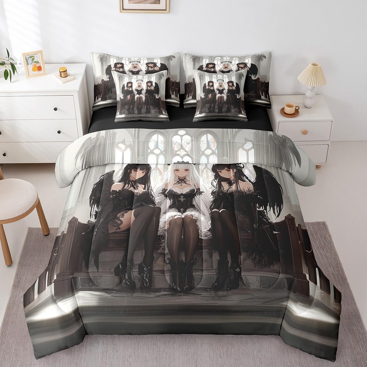 Erosebridal Japanese Anime Queen Comforter Set 7 Piece, Anime Girl Bedding Set Kawaii Japanese Style Sheet Set Cartoon Japan Animation Bed in A Bag for Boys Youth Teens Adult Women Bedroom