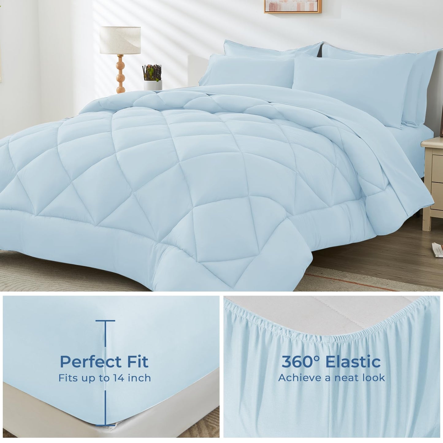 HEVUMYI Queen Comforter Set - 7-Piece All Season Bed in a Bag Queen, Ultra Soft Bedding Set with Comforter, Flat Sheet, Fitted Sheet, Pillowcases, Pillow Shams, Greyish Blue