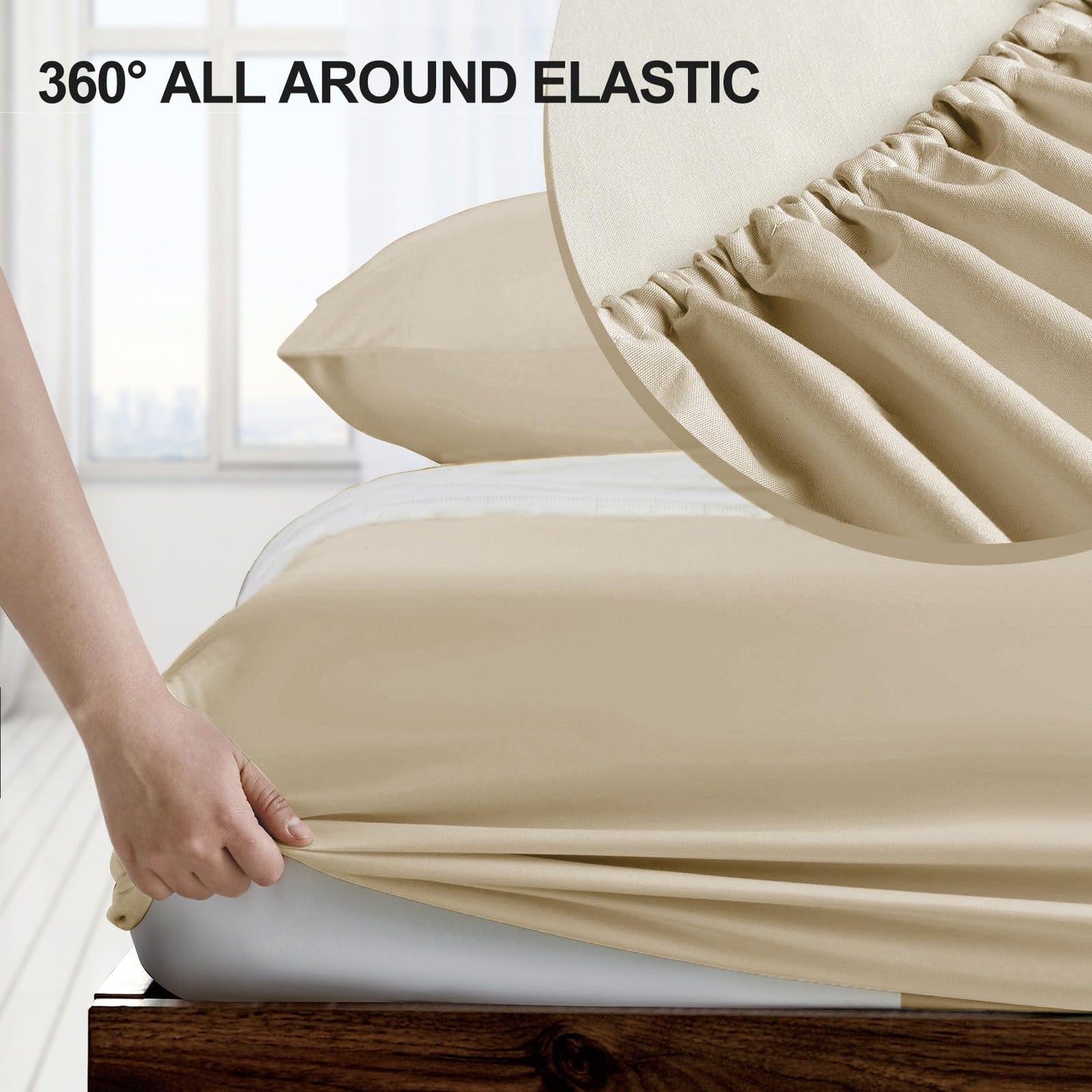 FreshCulture Queen Fitted Sheet - Hotel Quality, Ultra Soft & Breathable Brushed Microfiber, Deep Pocket, Cooling Fitted Sheets for Queen Size Bed (Beige)