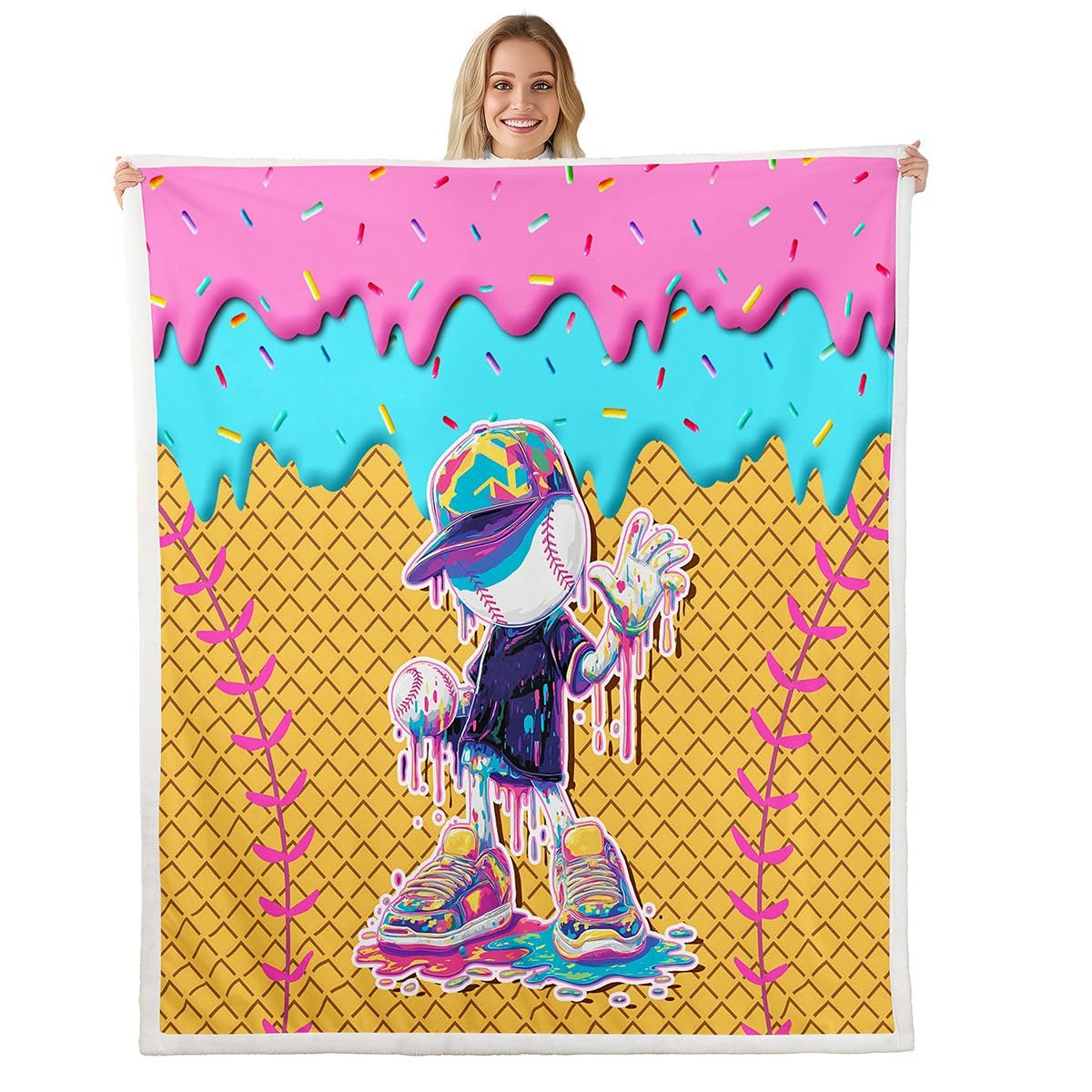 jejeloiu Ice Cream Baseball Fleece Throw Blanket Sweet Sport Hybrid Sherpa Blanket for Kids Women Men Plush Fuzzy Dessert 40"x50" Pink Teal Yellow for Bed Couch Chair Living Room Bedroom Decor